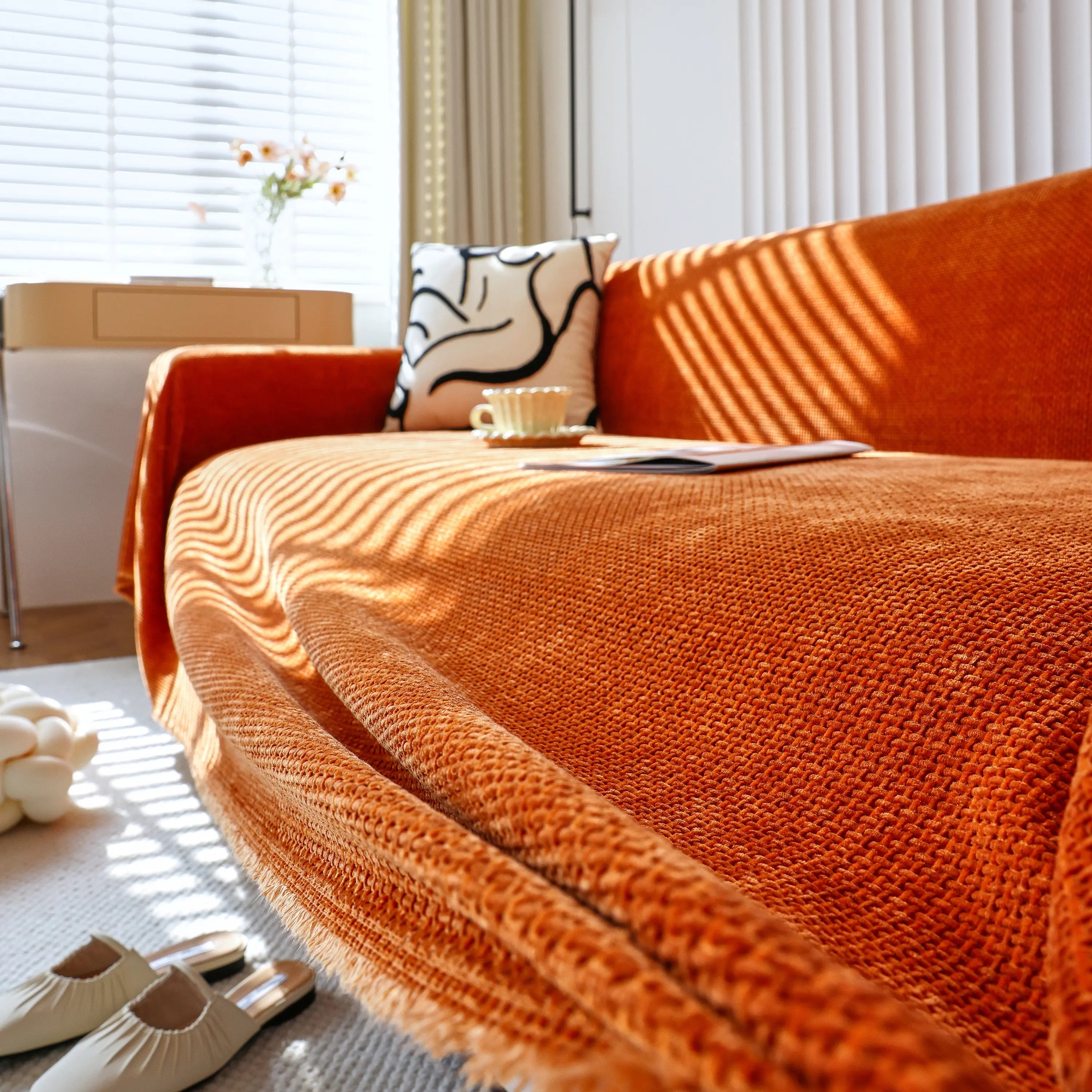 Chenille Thickened Solid Couch Blanket Throws, Reversible Couch Covers For Sectional Couches