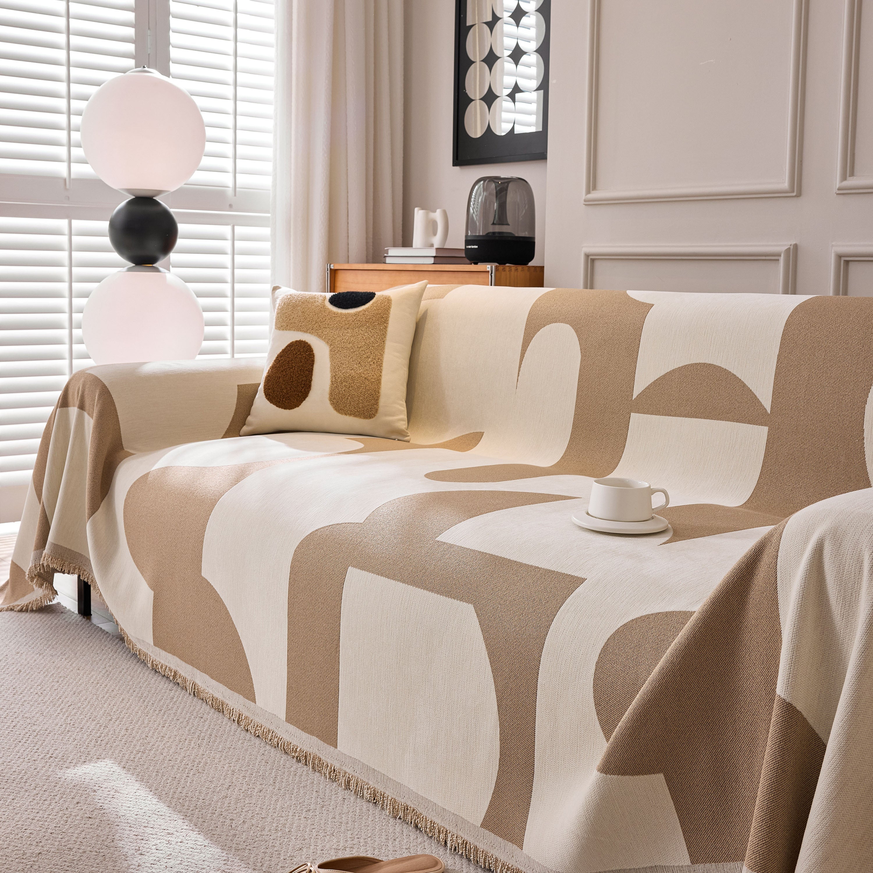 Modern Abstract Chenille Sofa Cover, Large Soft Throw Blanket With Tassels For Couch