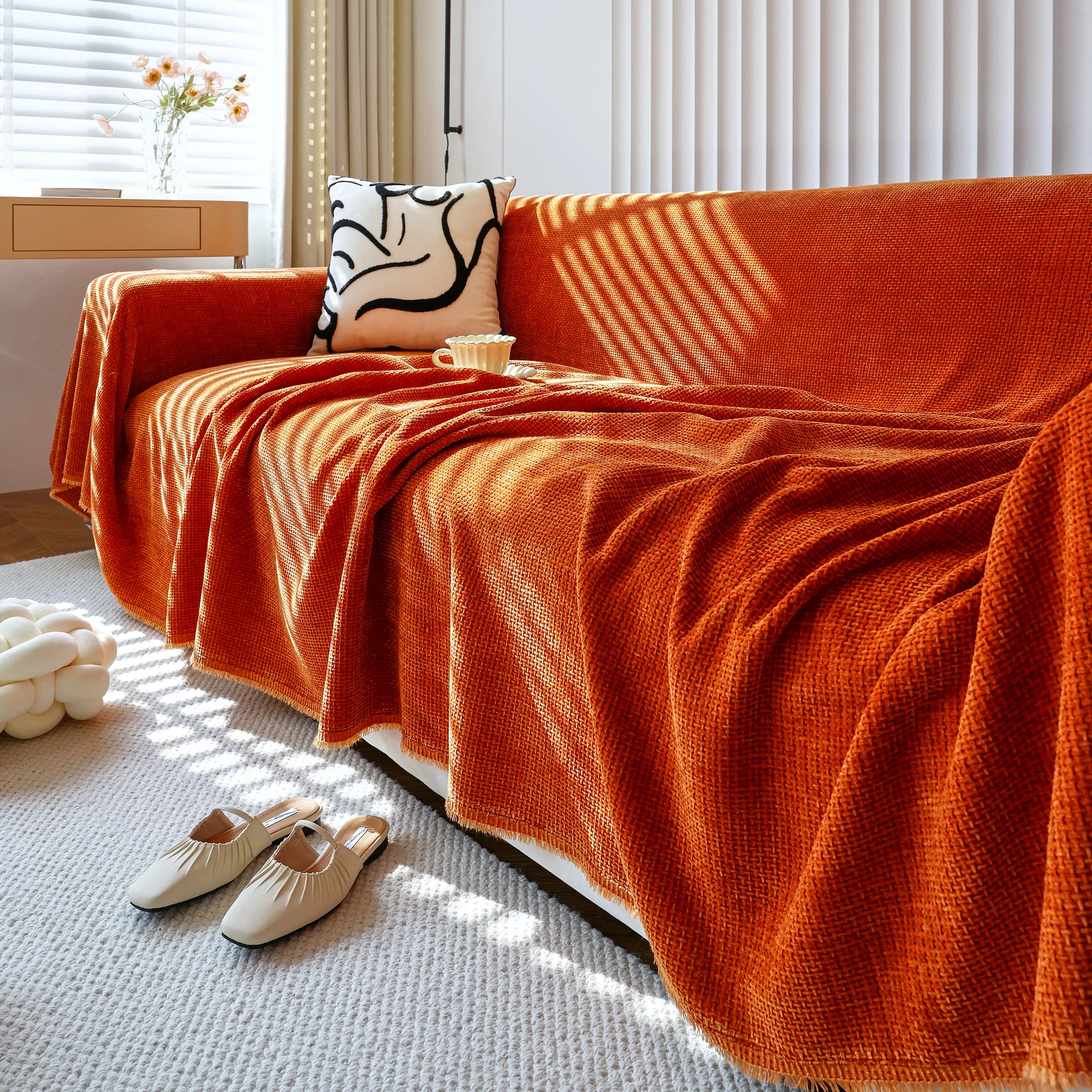 Chenille Thickened Solid Couch Blanket Throws, Reversible Couch Covers For Sectional Couches