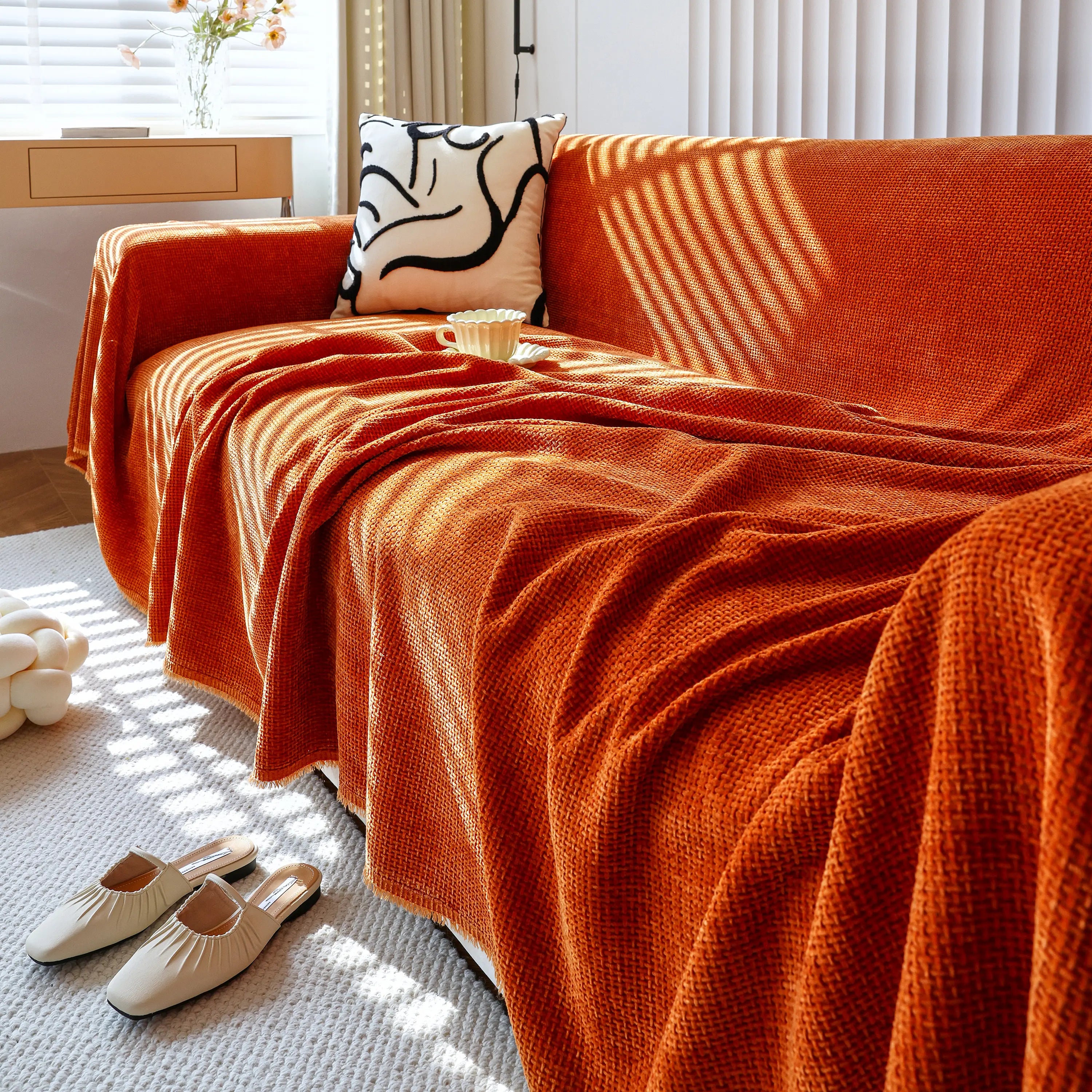 Chenille Thickened Solid Couch Blanket Throws, Reversible Couch Covers For Sectional Couches
