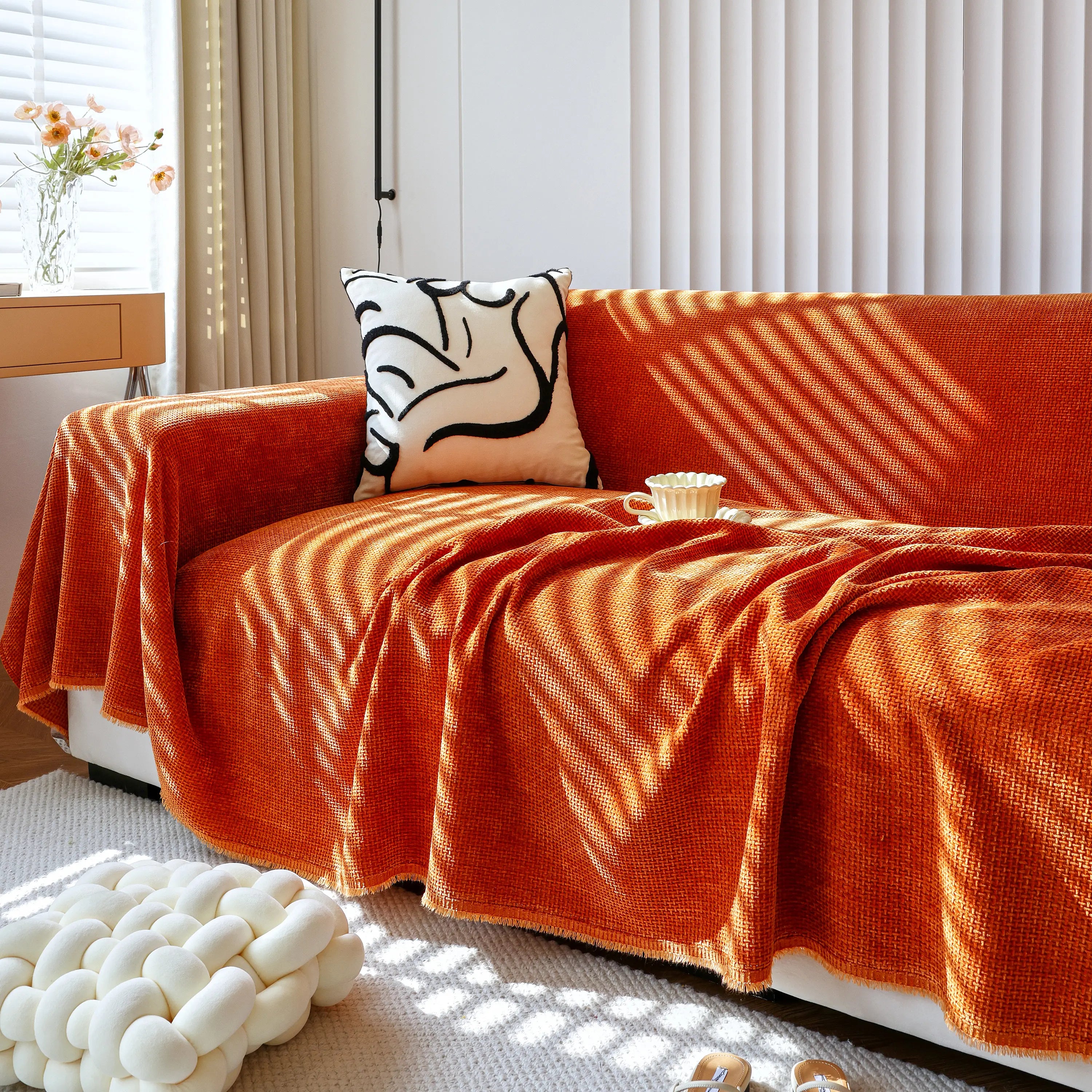 Chenille Thickened Solid Couch Blanket Throws, Reversible Couch Covers For Sectional Couches