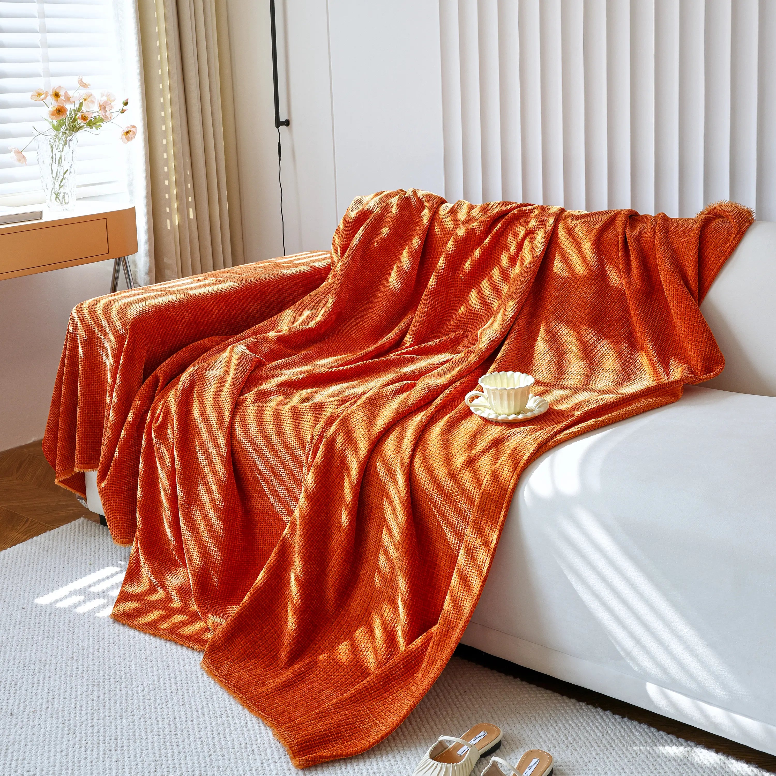Chenille Thickened Solid Couch Blanket Throws, Reversible Couch Covers For Sectional Couches