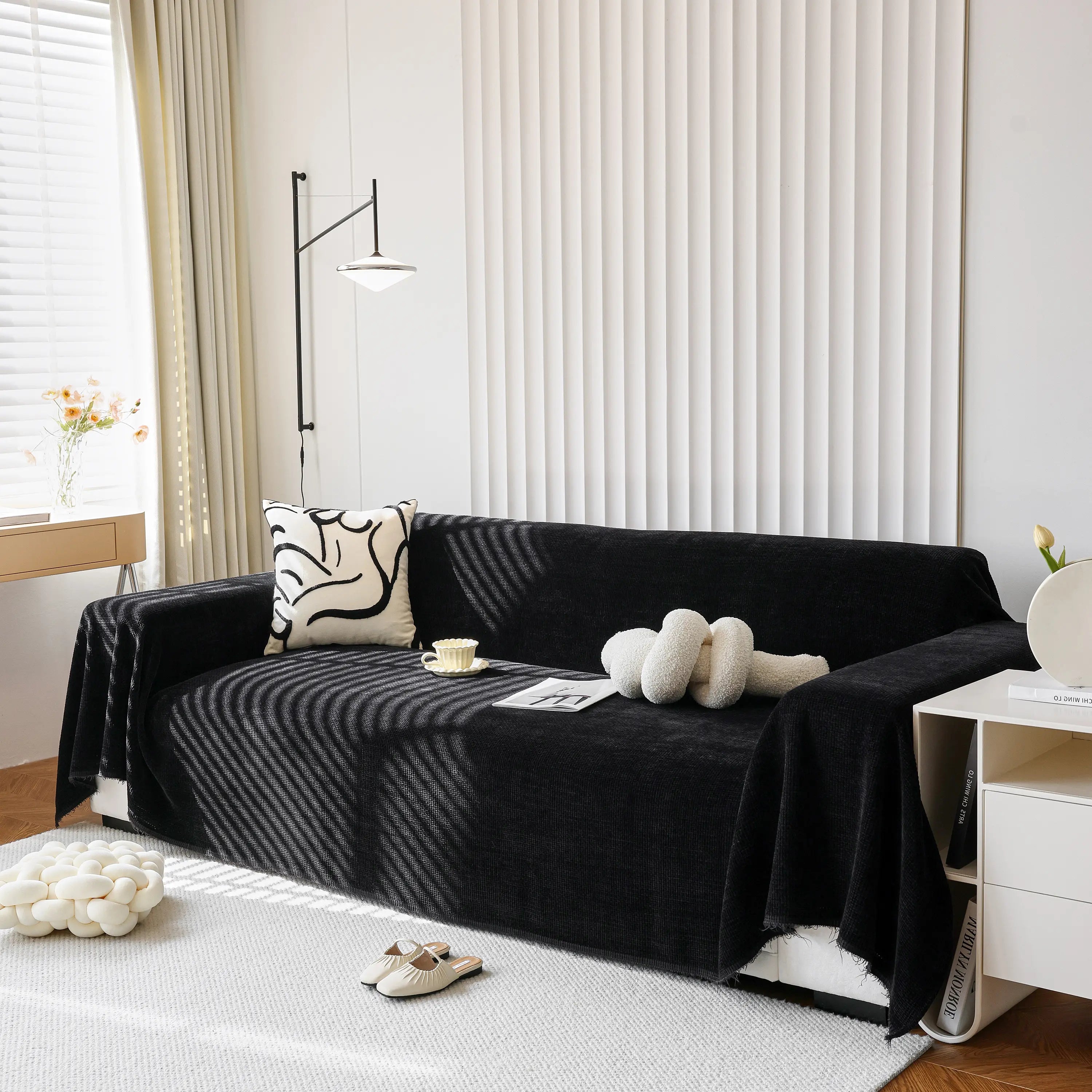 Chenille Thickened Solid Couch Blanket Throws, Reversible Couch Covers For Sectional Couches