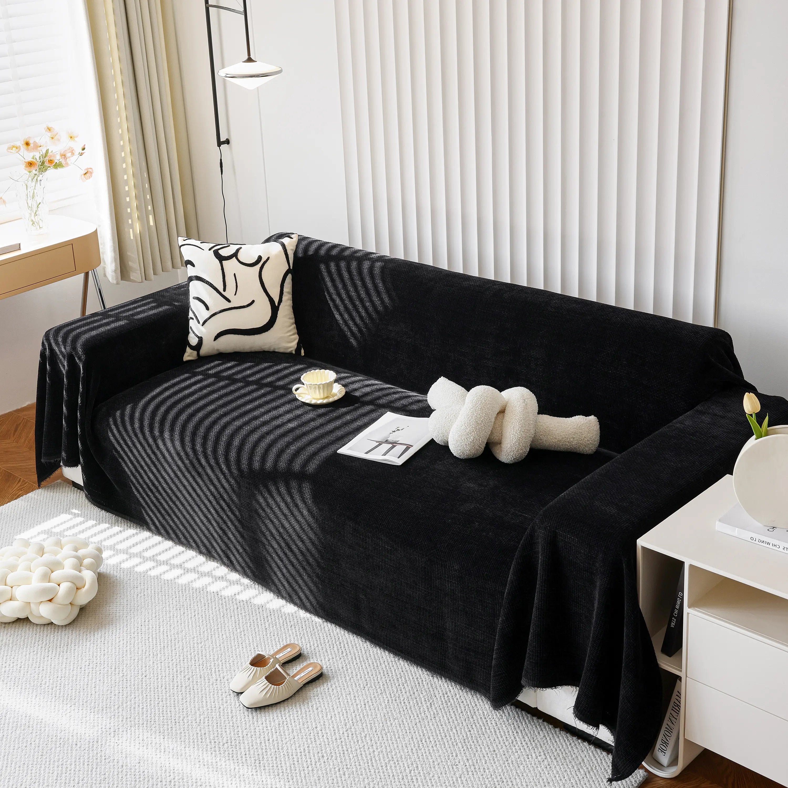 Chenille Thickened Solid Couch Blanket Throws, Reversible Couch Covers For Sectional Couches