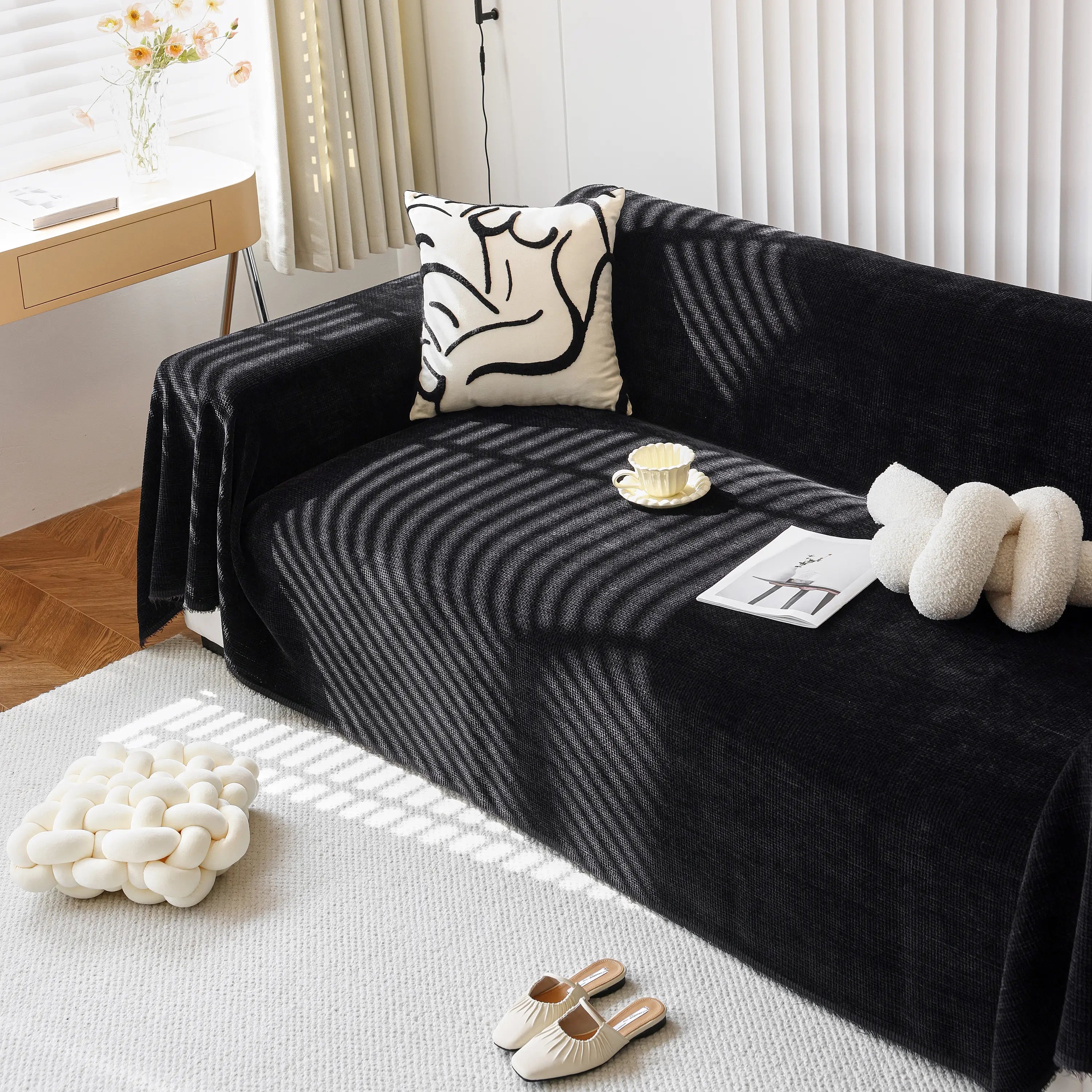 Chenille Thickened Solid Couch Blanket Throws, Reversible Couch Covers For Sectional Couches