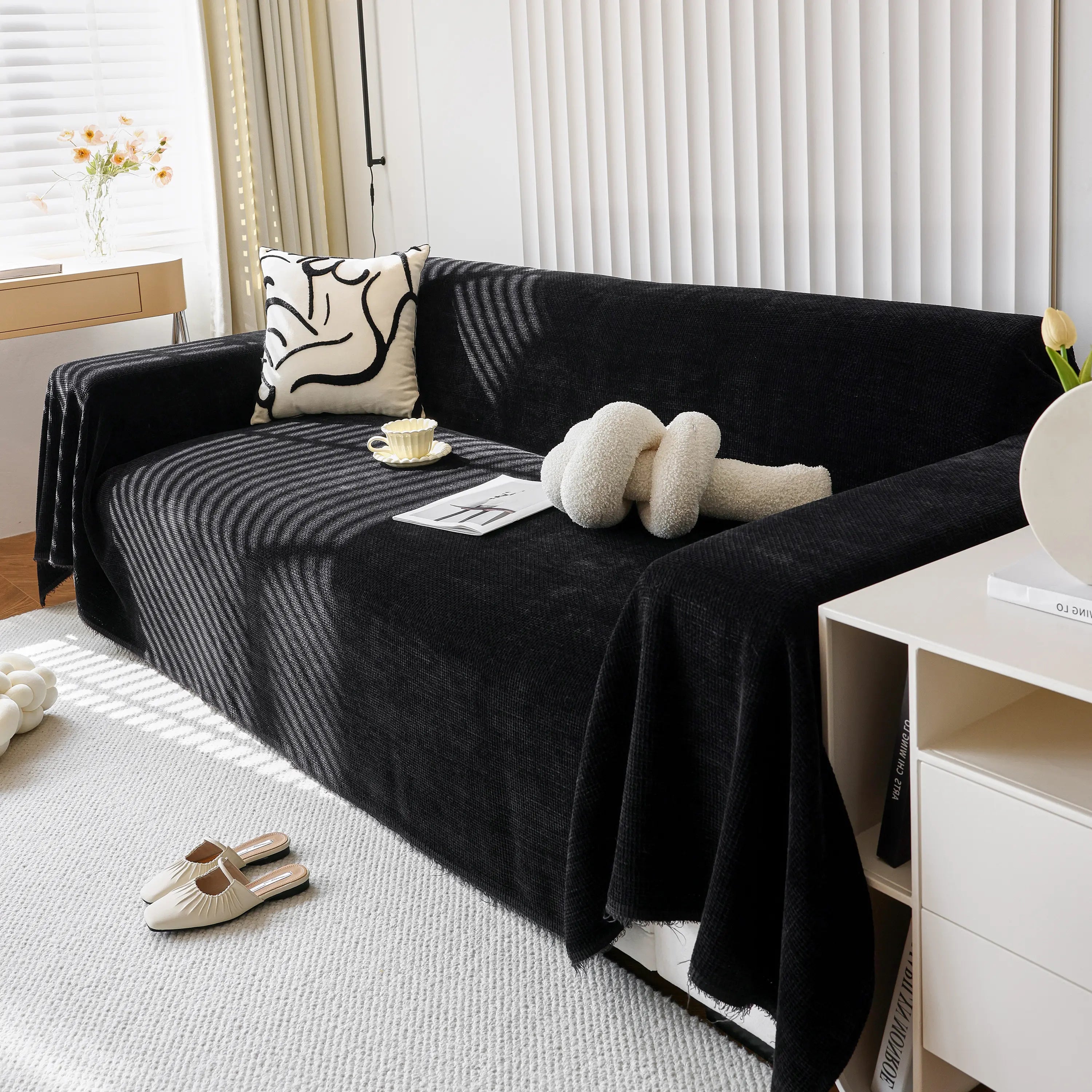 Chenille Thickened Solid Couch Blanket Throws, Reversible Couch Covers For Sectional Couches