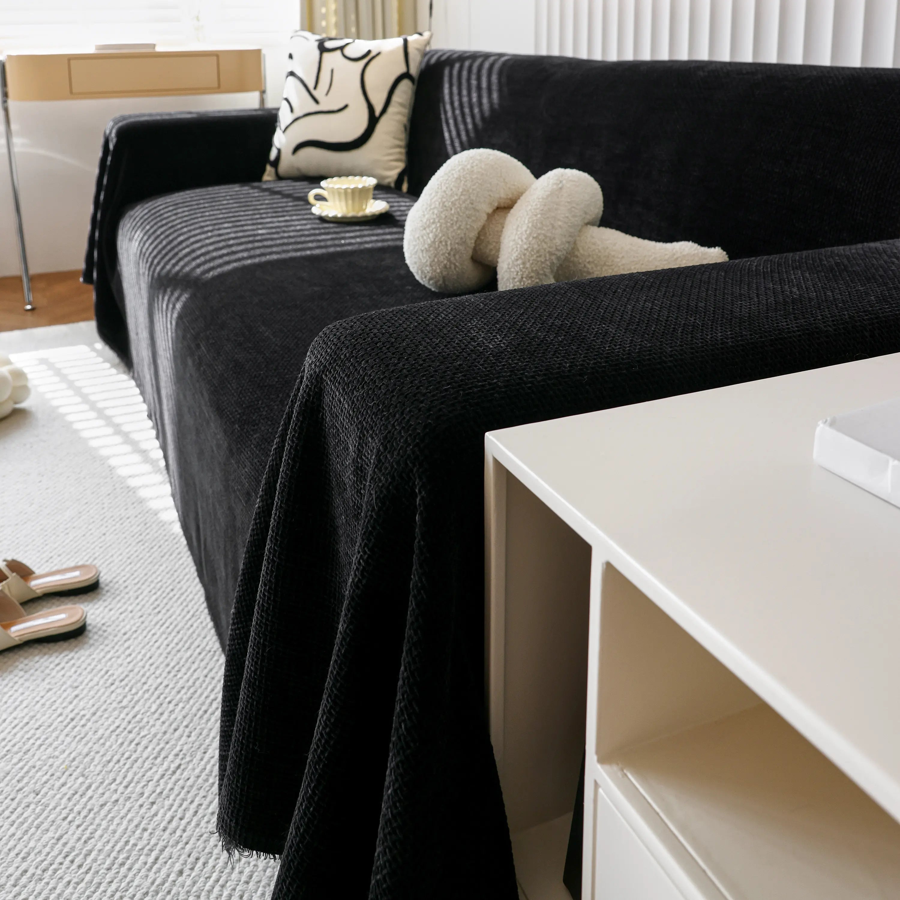 Chenille Thickened Solid Couch Blanket Throws, Reversible Couch Covers For Sectional Couches