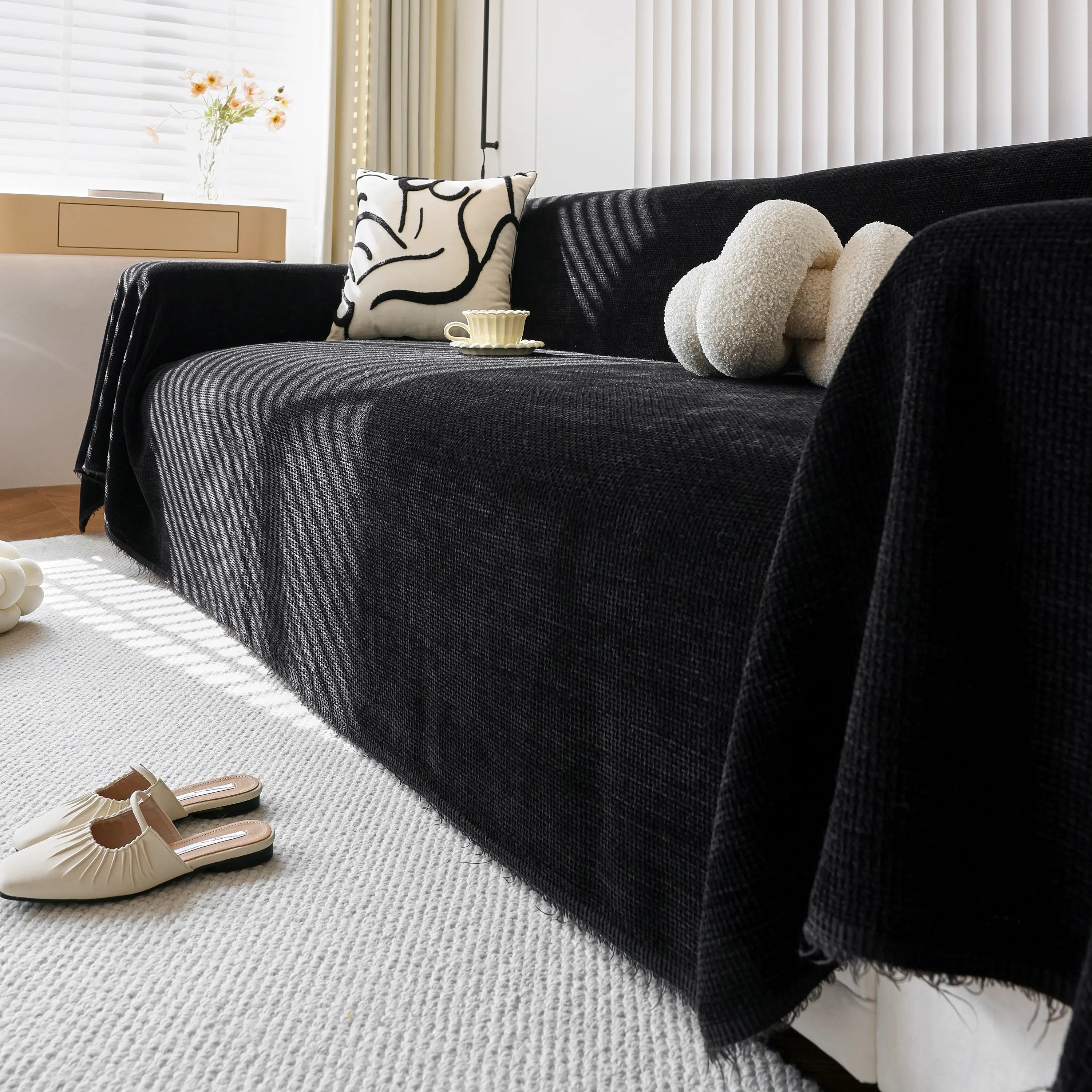 Chenille Thickened Solid Couch Blanket Throws, Reversible Couch Covers For Sectional Couches