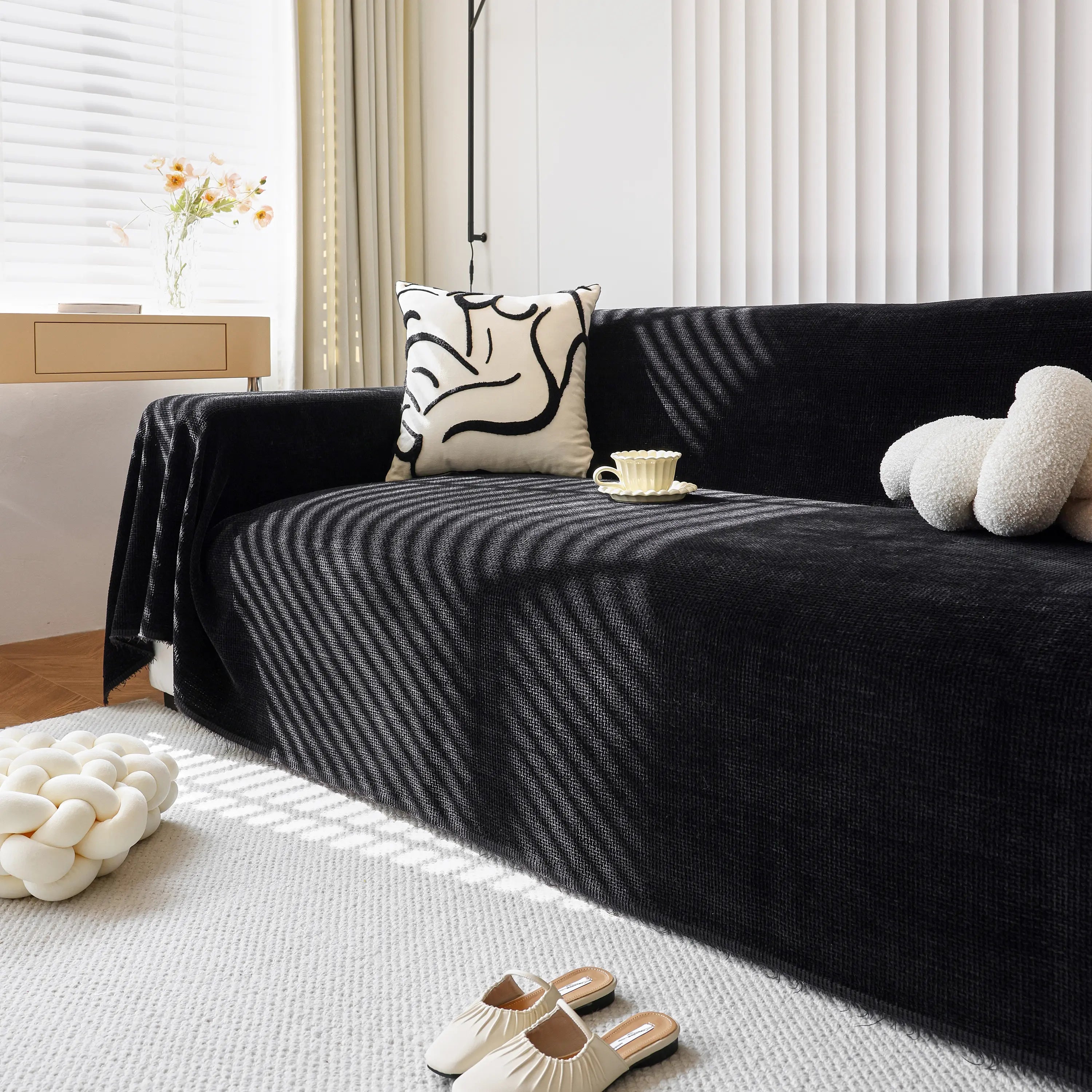 Chenille Thickened Solid Couch Blanket Throws, Reversible Couch Covers For Sectional Couches