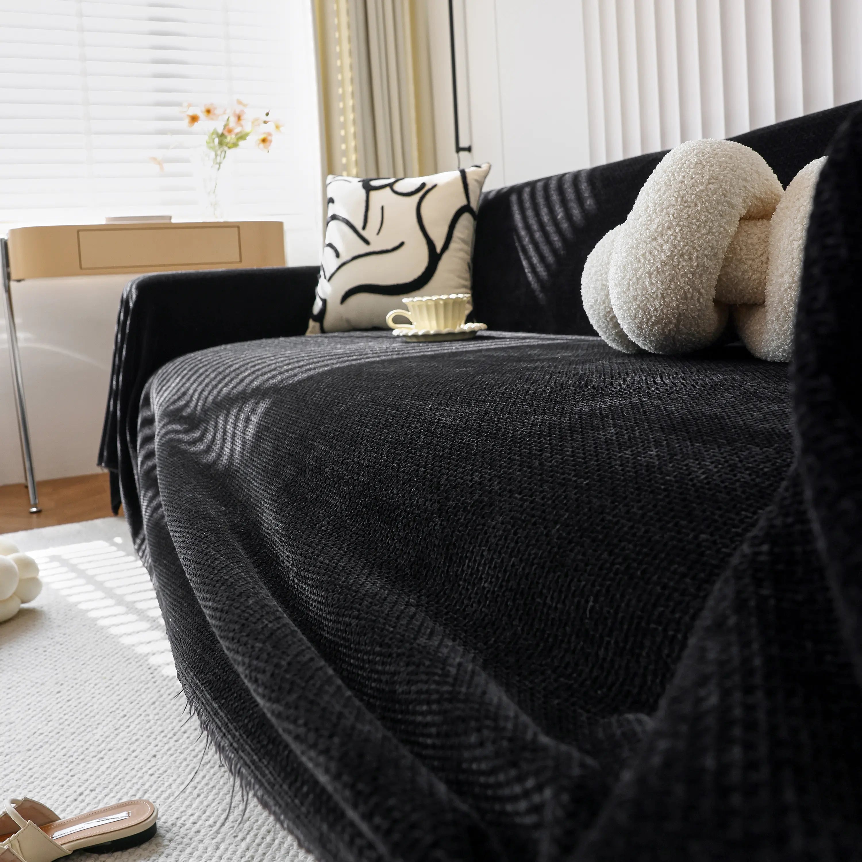 Chenille Thickened Solid Couch Blanket Throws, Reversible Couch Covers For Sectional Couches