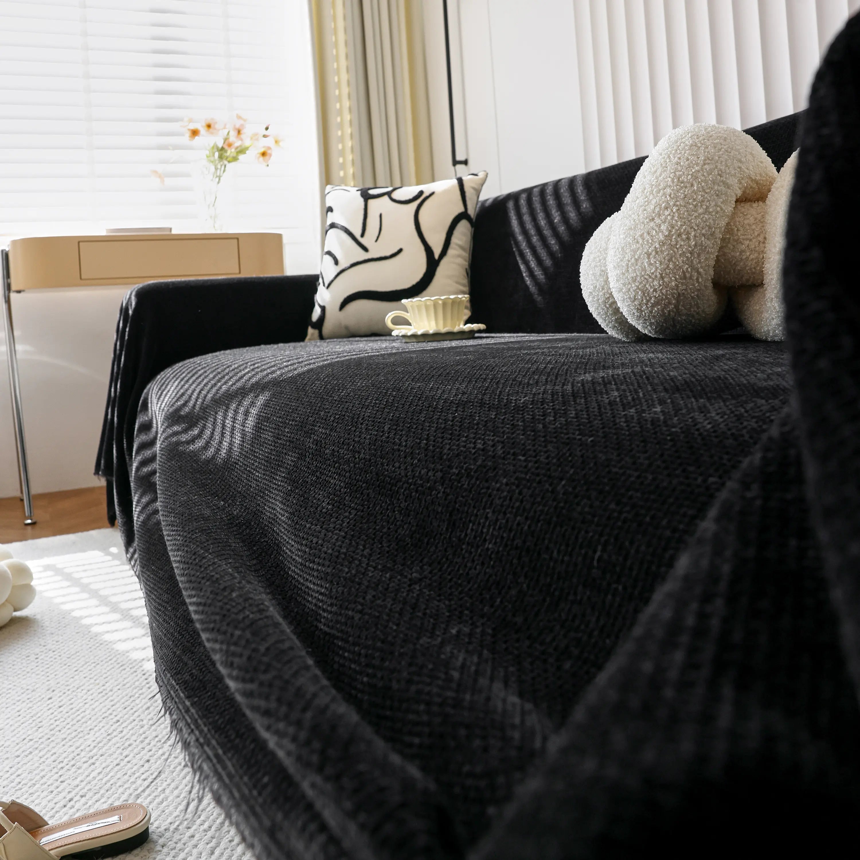 Chenille Thickened Solid Couch Blanket Throws, Reversible Couch Covers For Sectional Couches