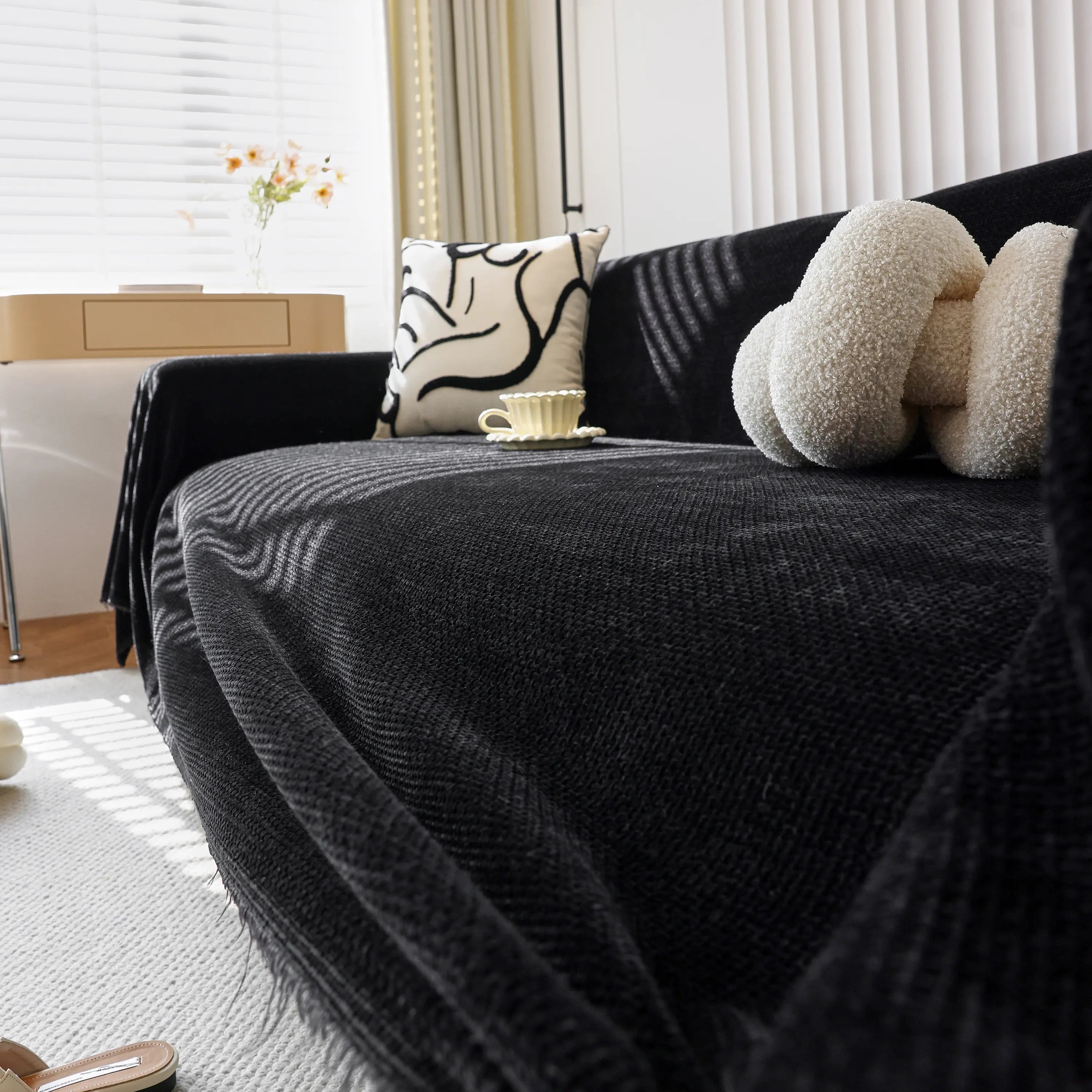 Chenille Thickened Solid Couch Blanket Throws, Reversible Couch Covers For Sectional Couches