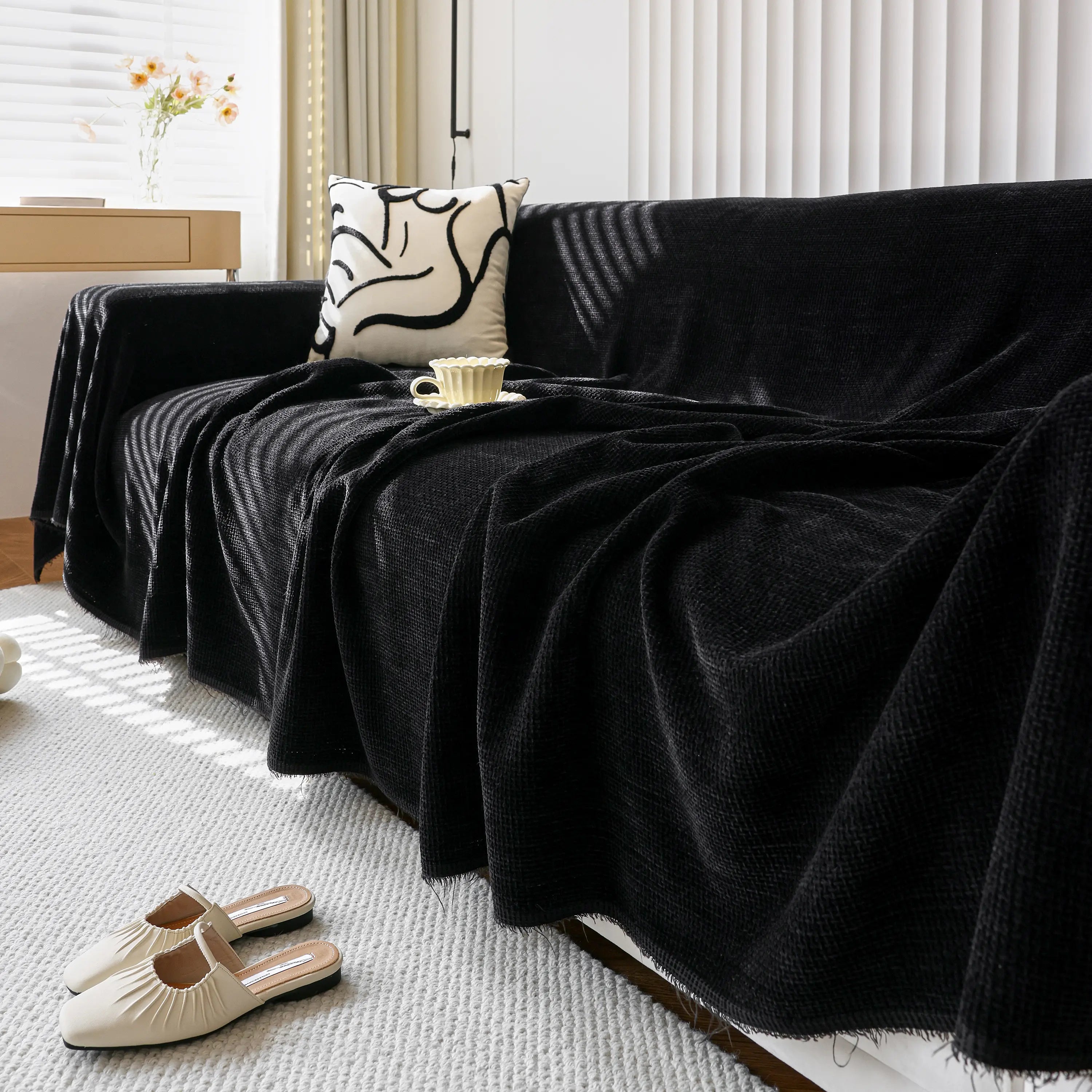 Chenille Thickened Solid Couch Blanket Throws, Reversible Couch Covers For Sectional Couches
