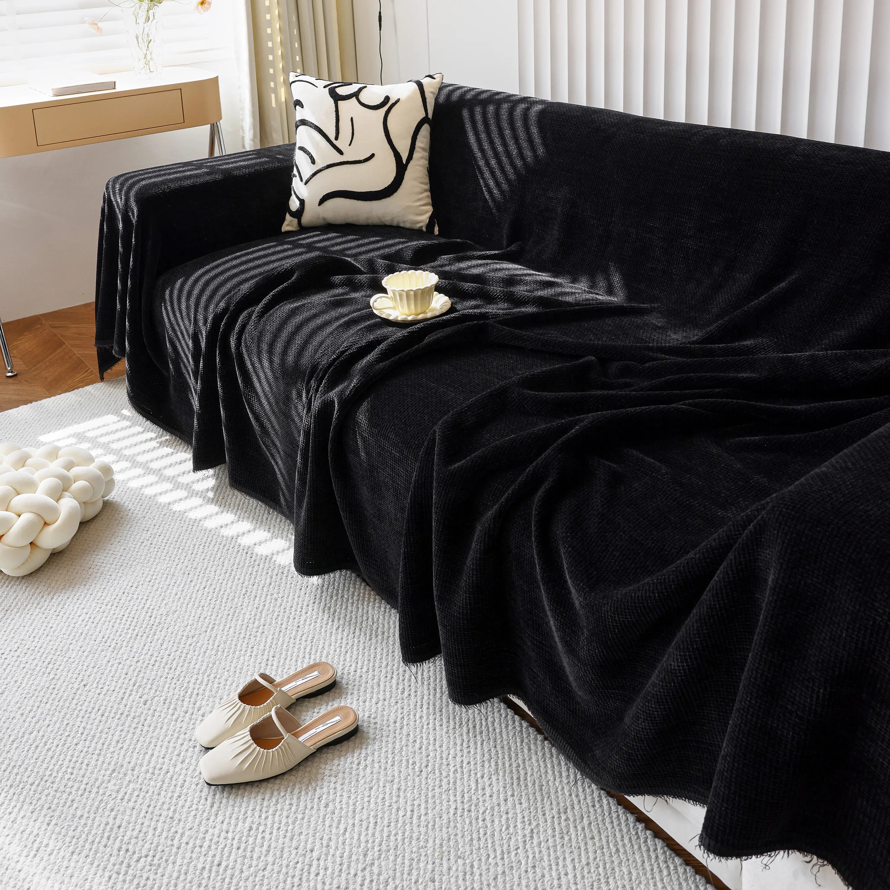 Chenille Thickened Solid Couch Blanket Throws, Reversible Couch Covers For Sectional Couches