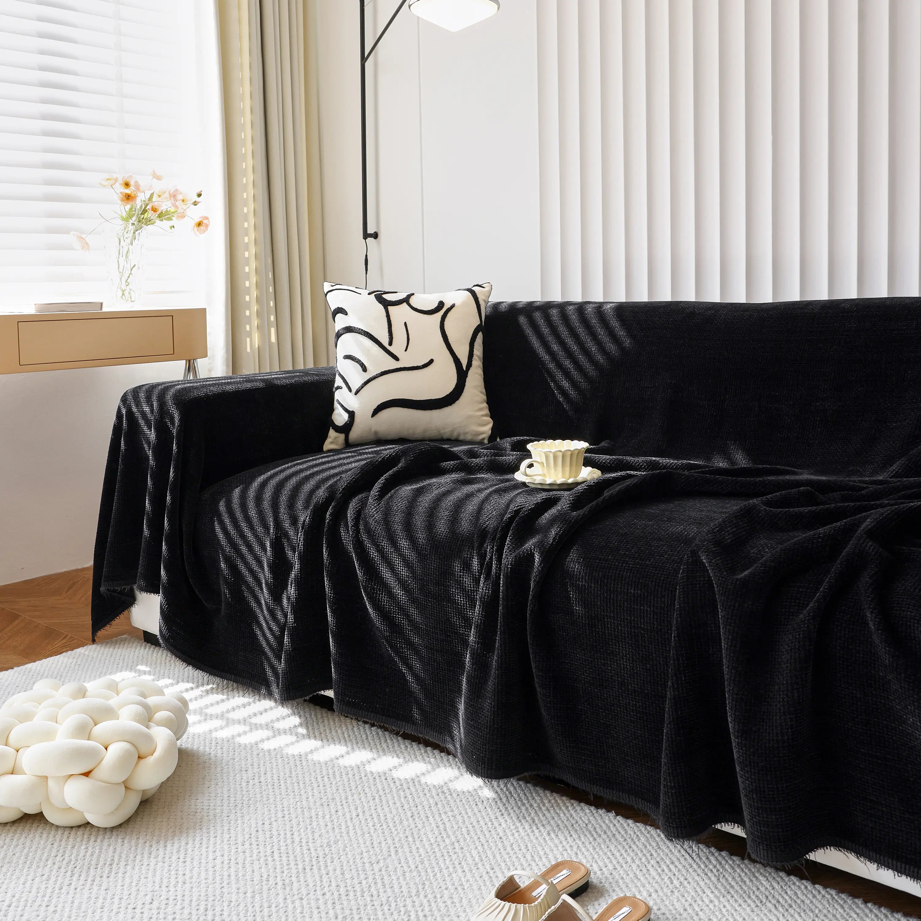 Chenille Thickened Solid Couch Blanket Throws, Reversible Couch Covers For Sectional Couches