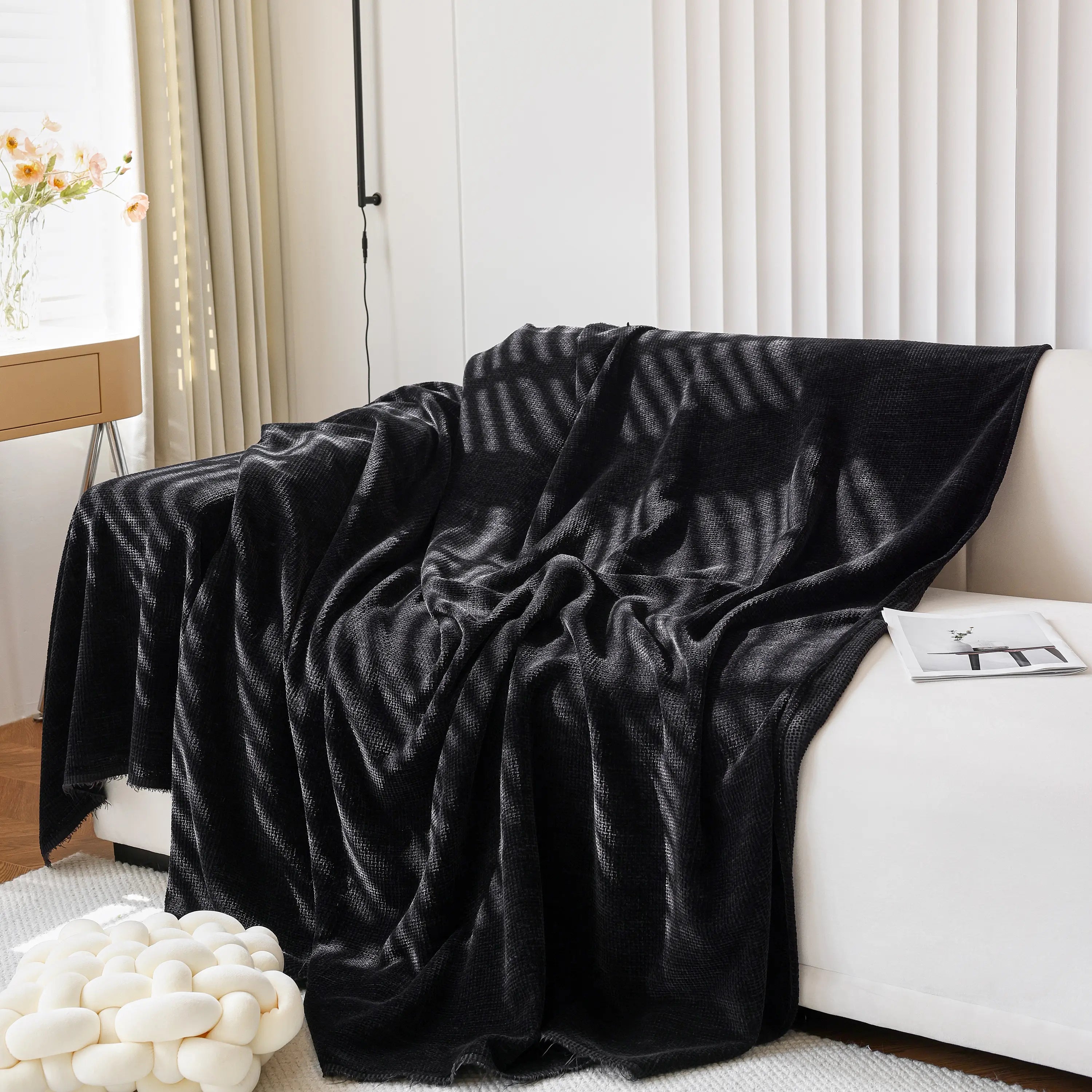Chenille Thickened Solid Couch Blanket Throws, Reversible Couch Covers For Sectional Couches