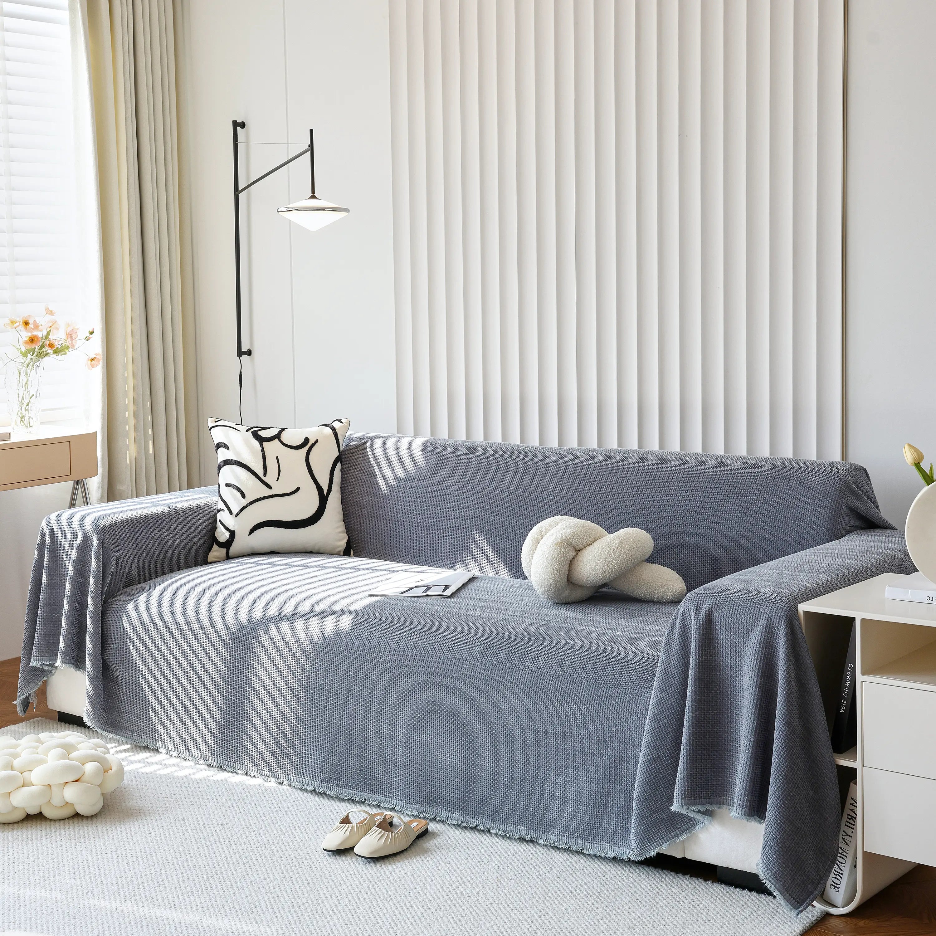 Chenille Thickened Solid Couch Blanket Throws, Reversible Couch Covers For Sectional Couches