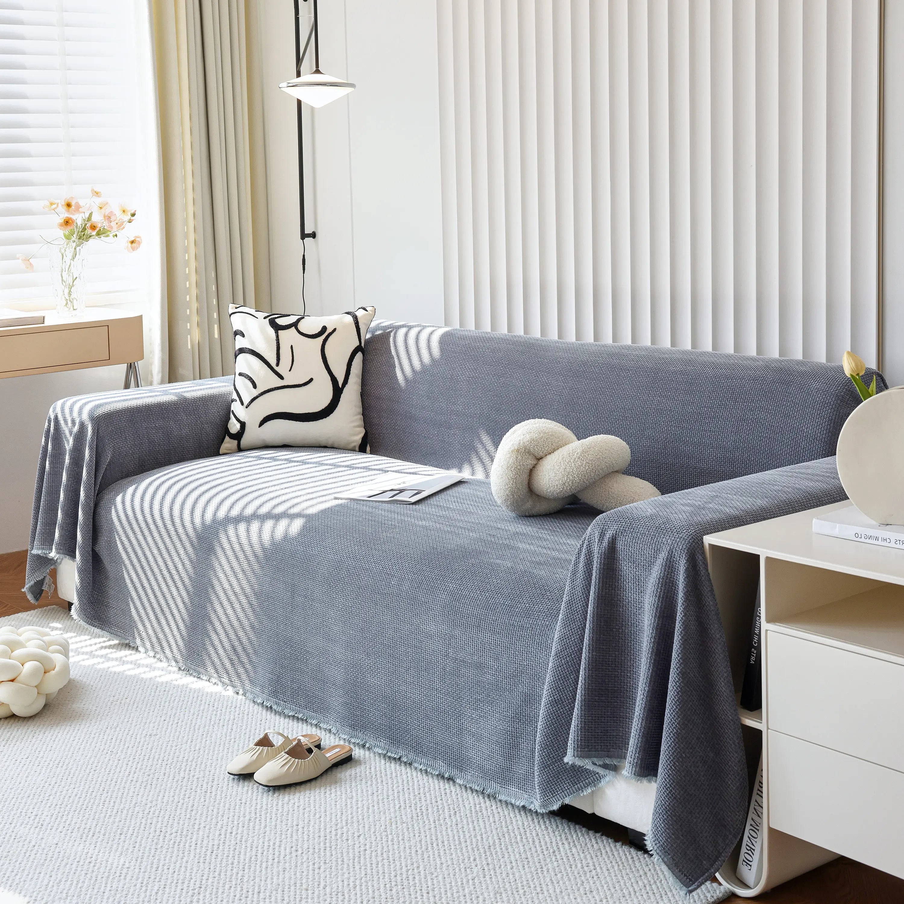 Chenille Thickened Solid Couch Blanket Throws, Reversible Couch Covers For Sectional Couches