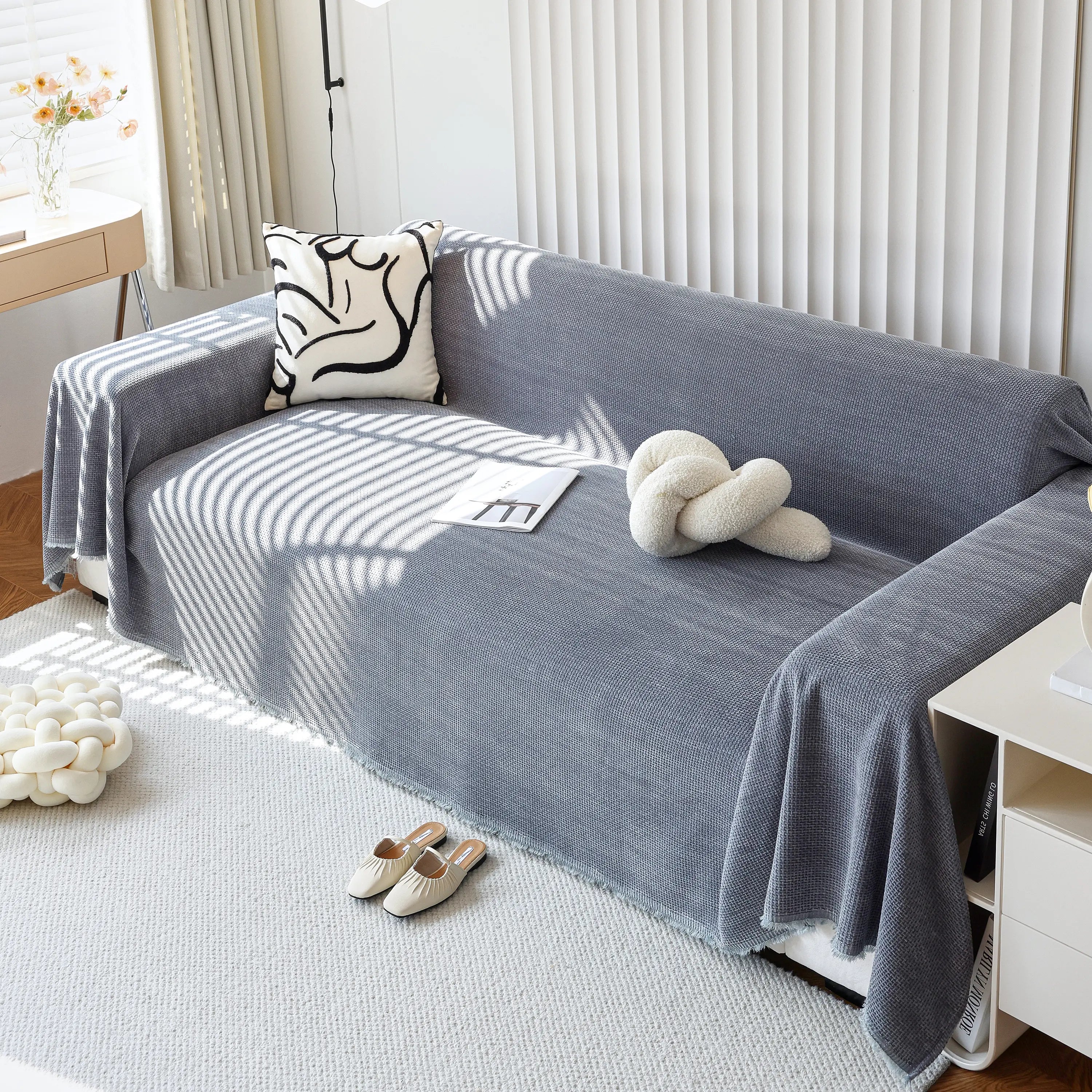 Chenille Thickened Solid Couch Blanket Throws, Reversible Couch Covers For Sectional Couches