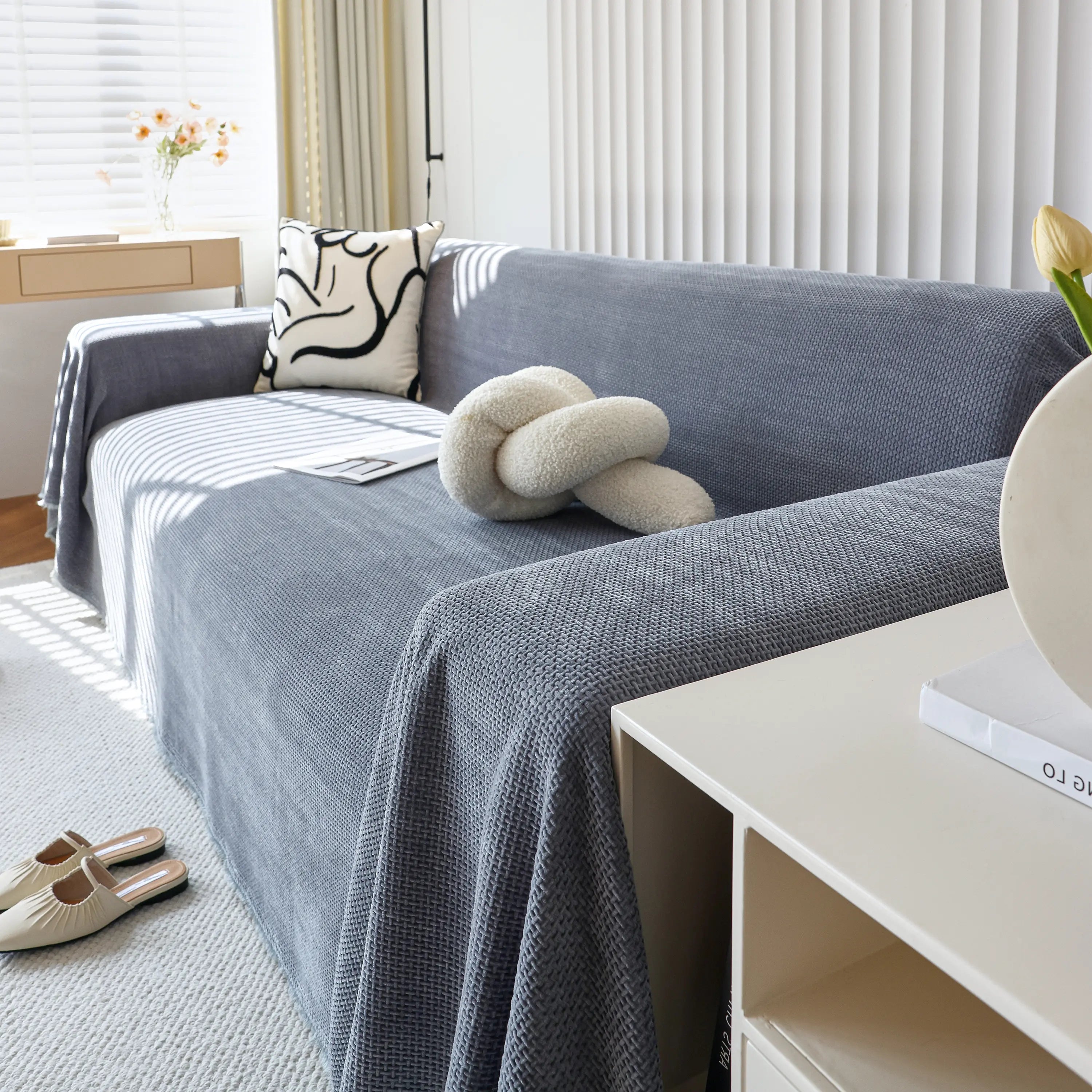 Chenille Thickened Solid Couch Blanket Throws, Reversible Couch Covers For Sectional Couches