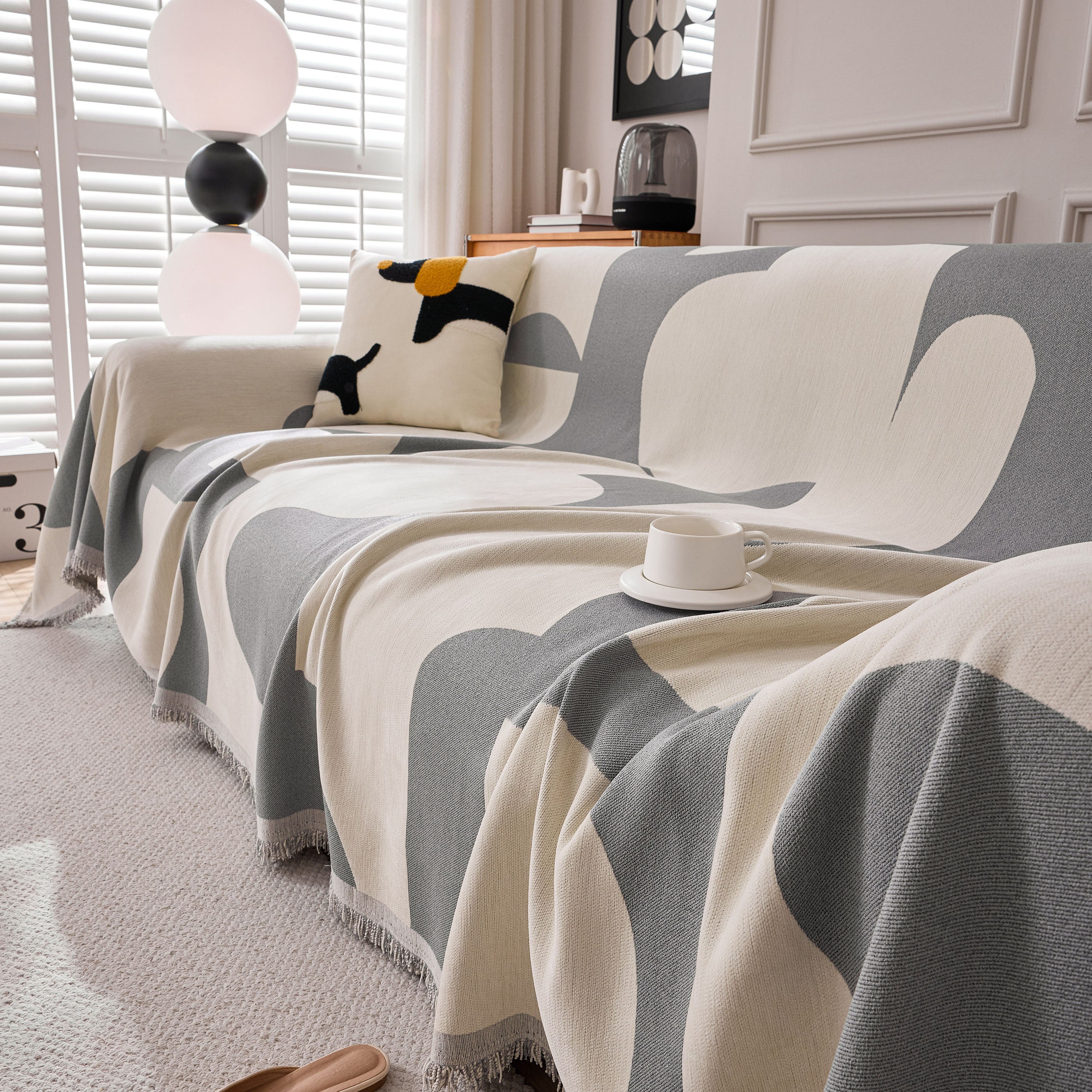Modern Abstract Chenille Sofa Cover, Large Soft Throw Blanket With Tassels For Couch