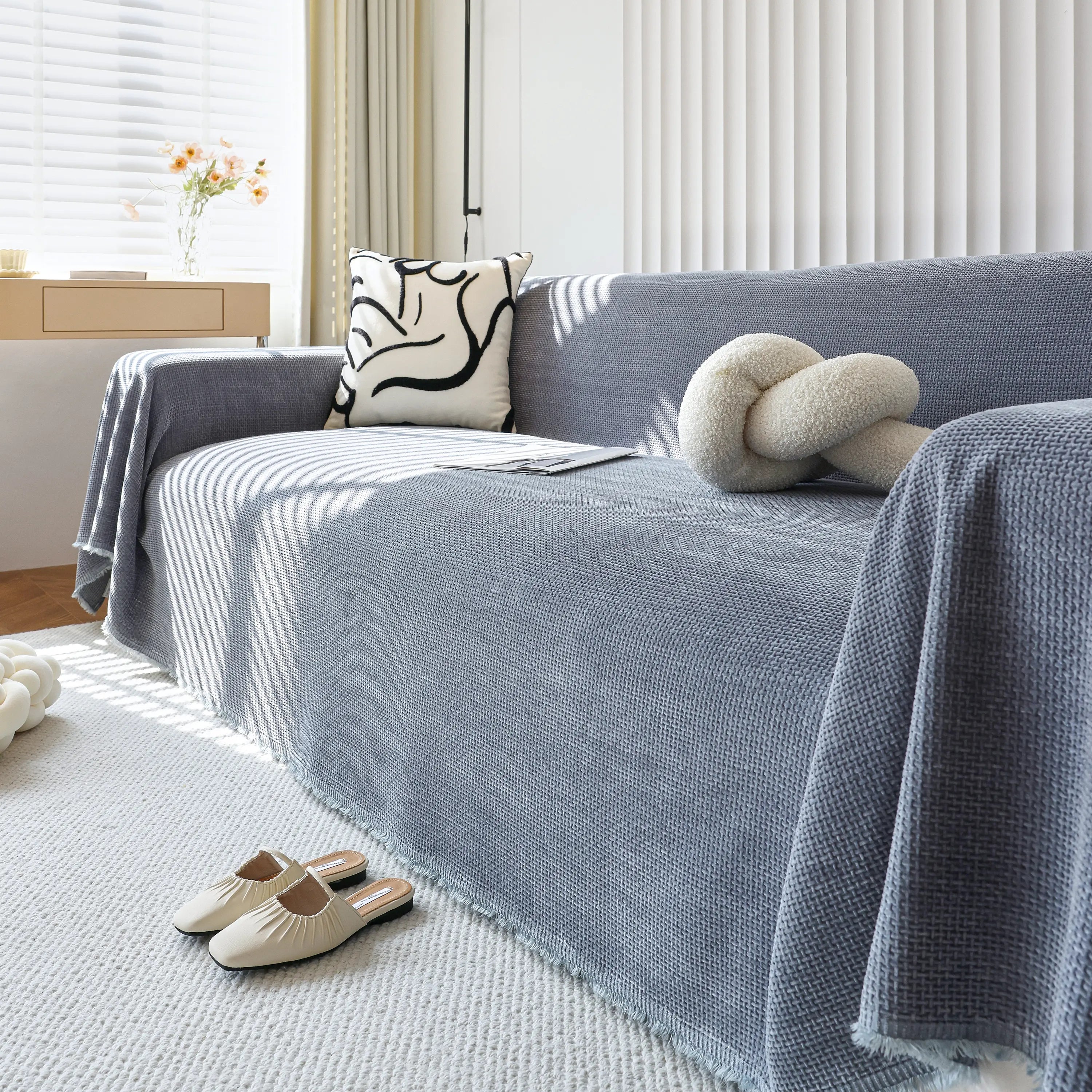 Chenille Thickened Solid Couch Blanket Throws, Reversible Couch Covers For Sectional Couches