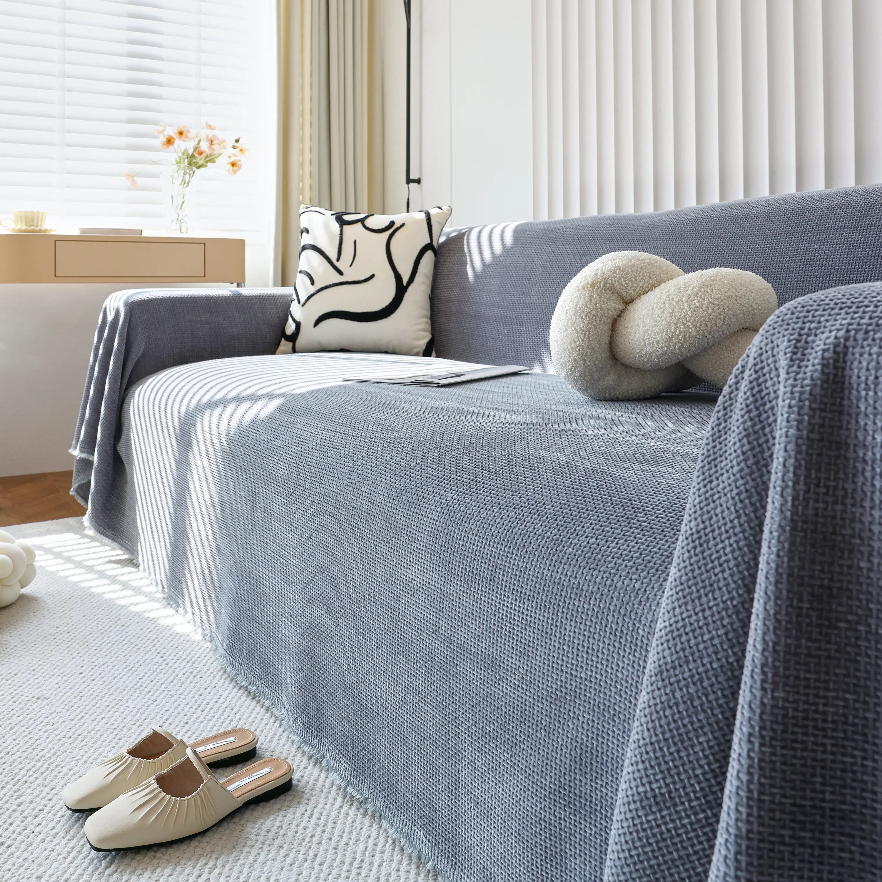 Chenille Thickened Solid Couch Blanket Throws, Reversible Couch Covers For Sectional Couches