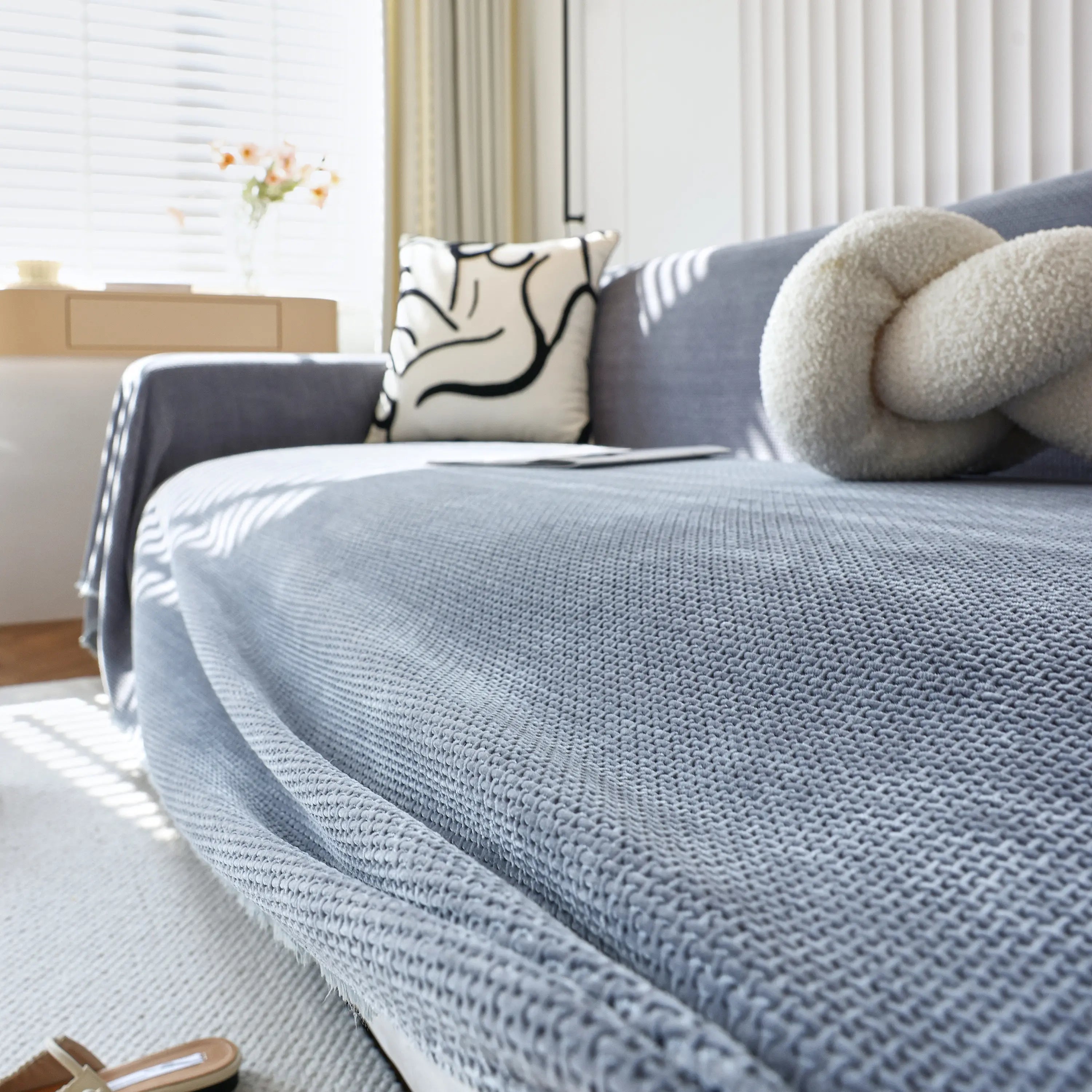 Chenille Thickened Solid Couch Blanket Throws, Reversible Couch Covers For Sectional Couches