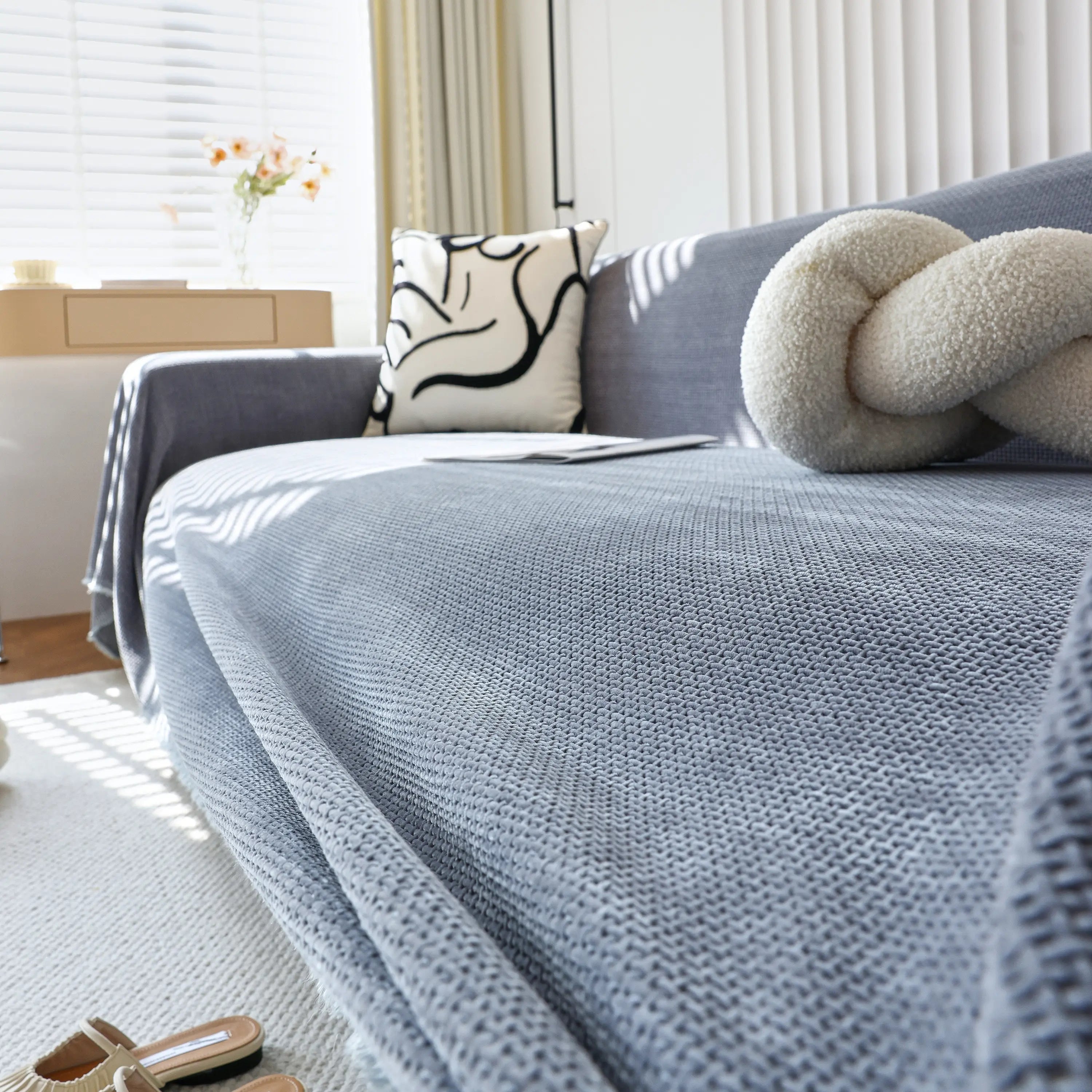 Chenille Thickened Solid Couch Blanket Throws, Reversible Couch Covers For Sectional Couches