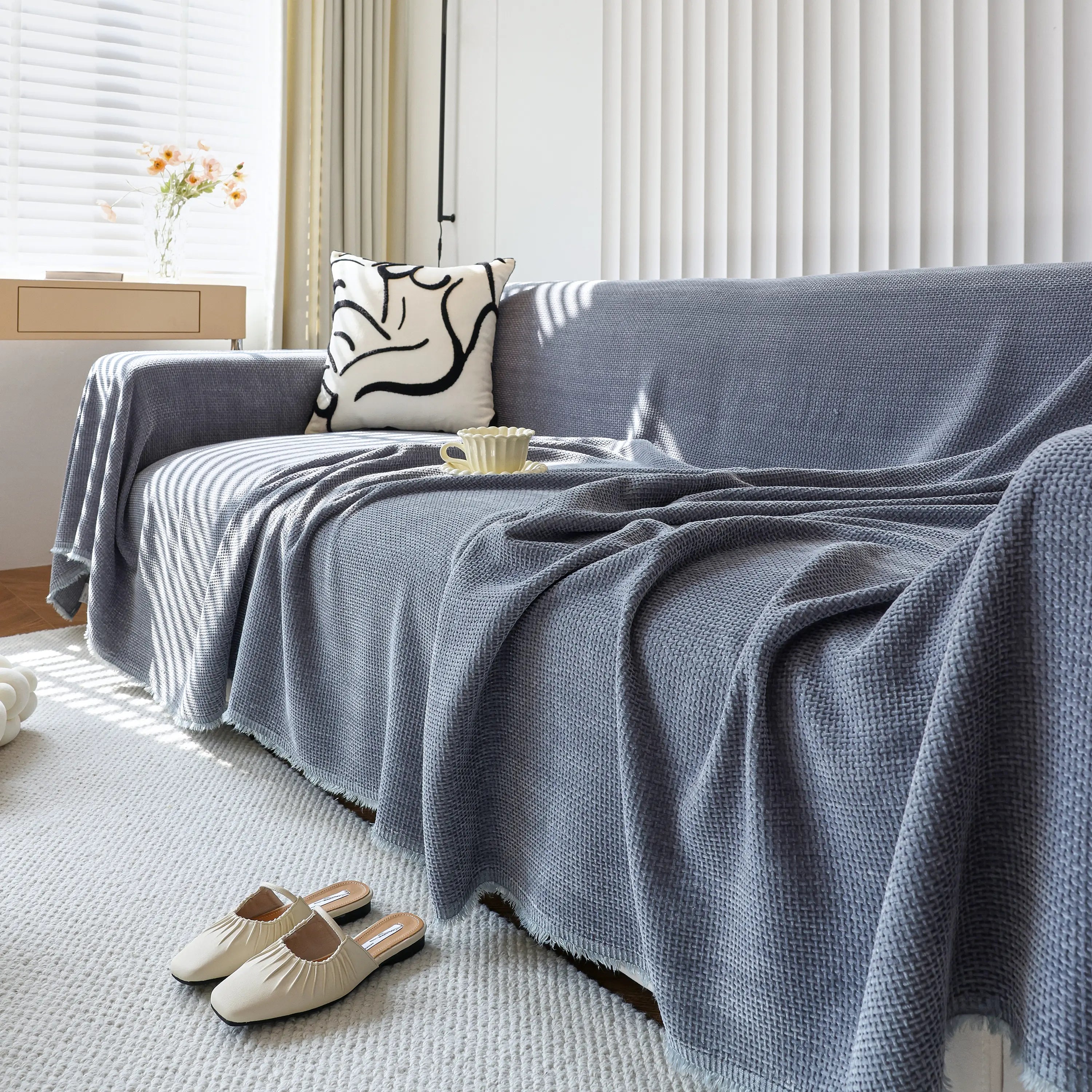 Chenille Thickened Solid Couch Blanket Throws, Reversible Couch Covers For Sectional Couches