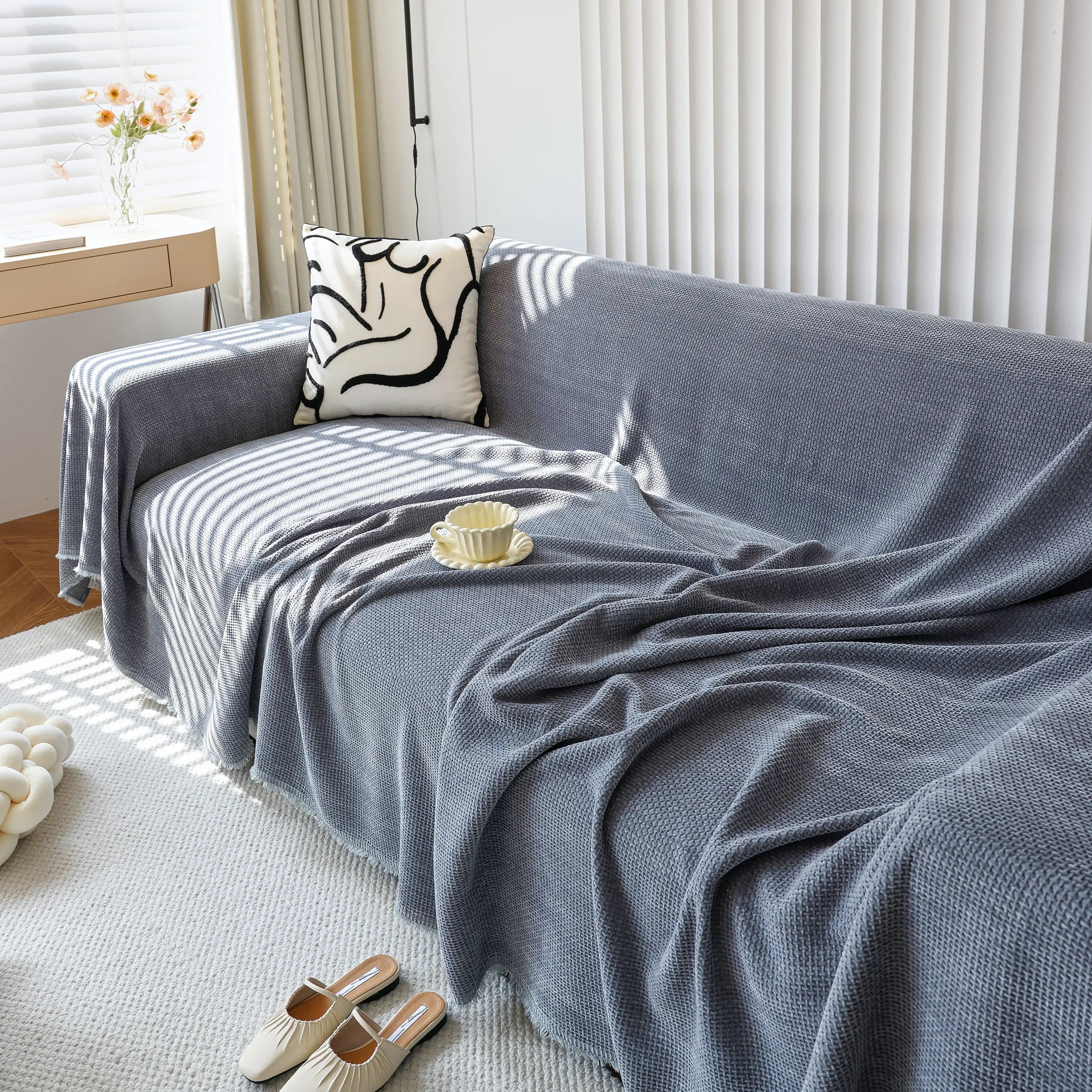 Chenille Thickened Solid Couch Blanket Throws, Reversible Couch Covers For Sectional Couches