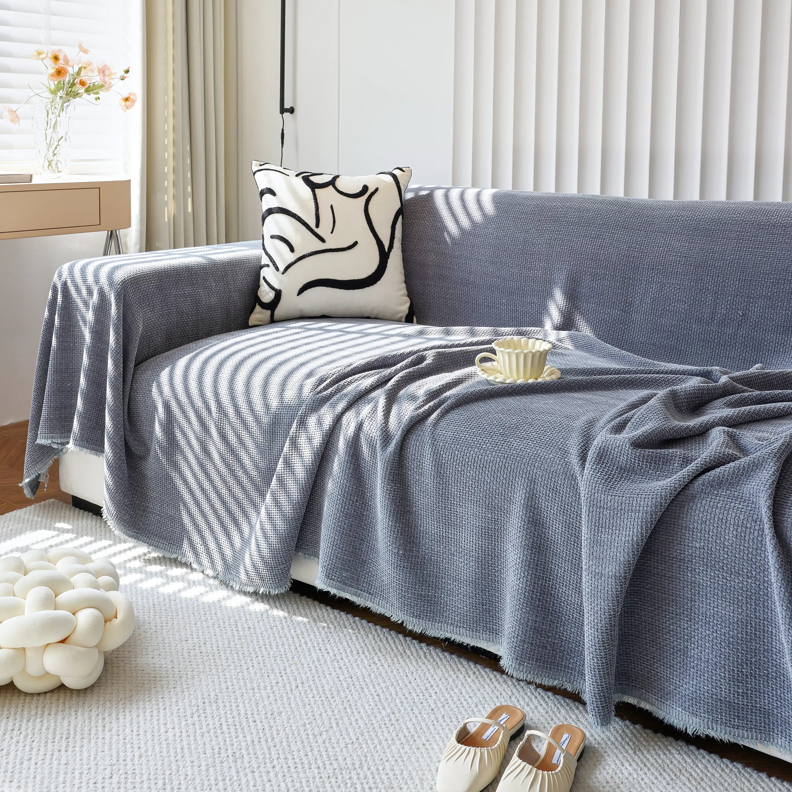 Chenille Thickened Solid Couch Blanket Throws, Reversible Couch Covers For Sectional Couches