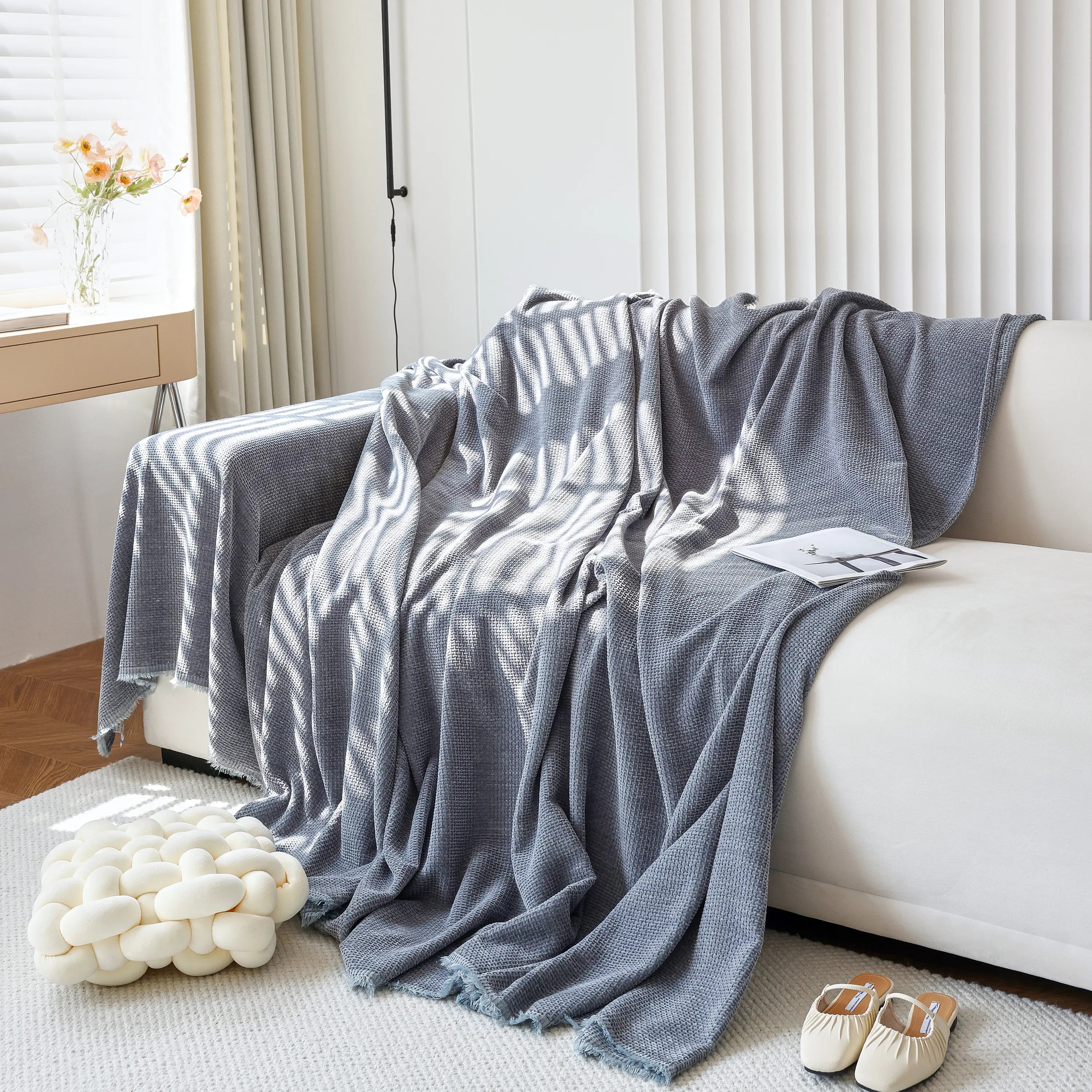 Chenille Thickened Solid Couch Blanket Throws, Reversible Couch Covers For Sectional Couches