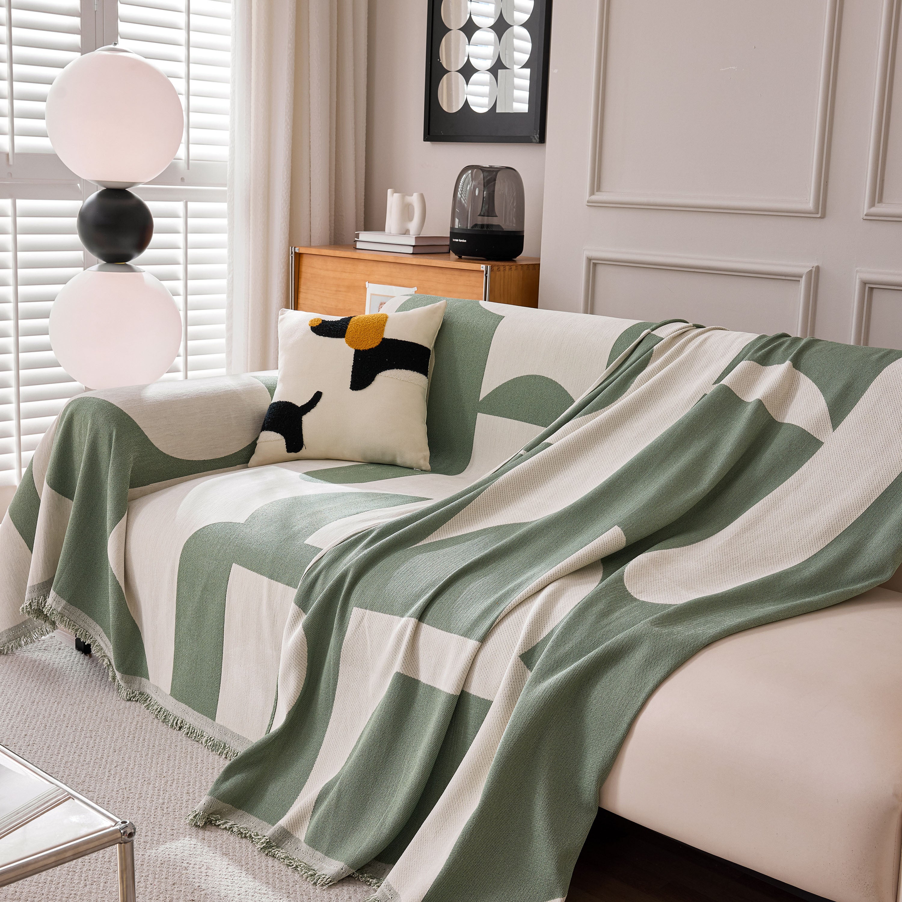 Modern Abstract Chenille Sofa Cover, Large Soft Throw Blanket With Tassels For Couch