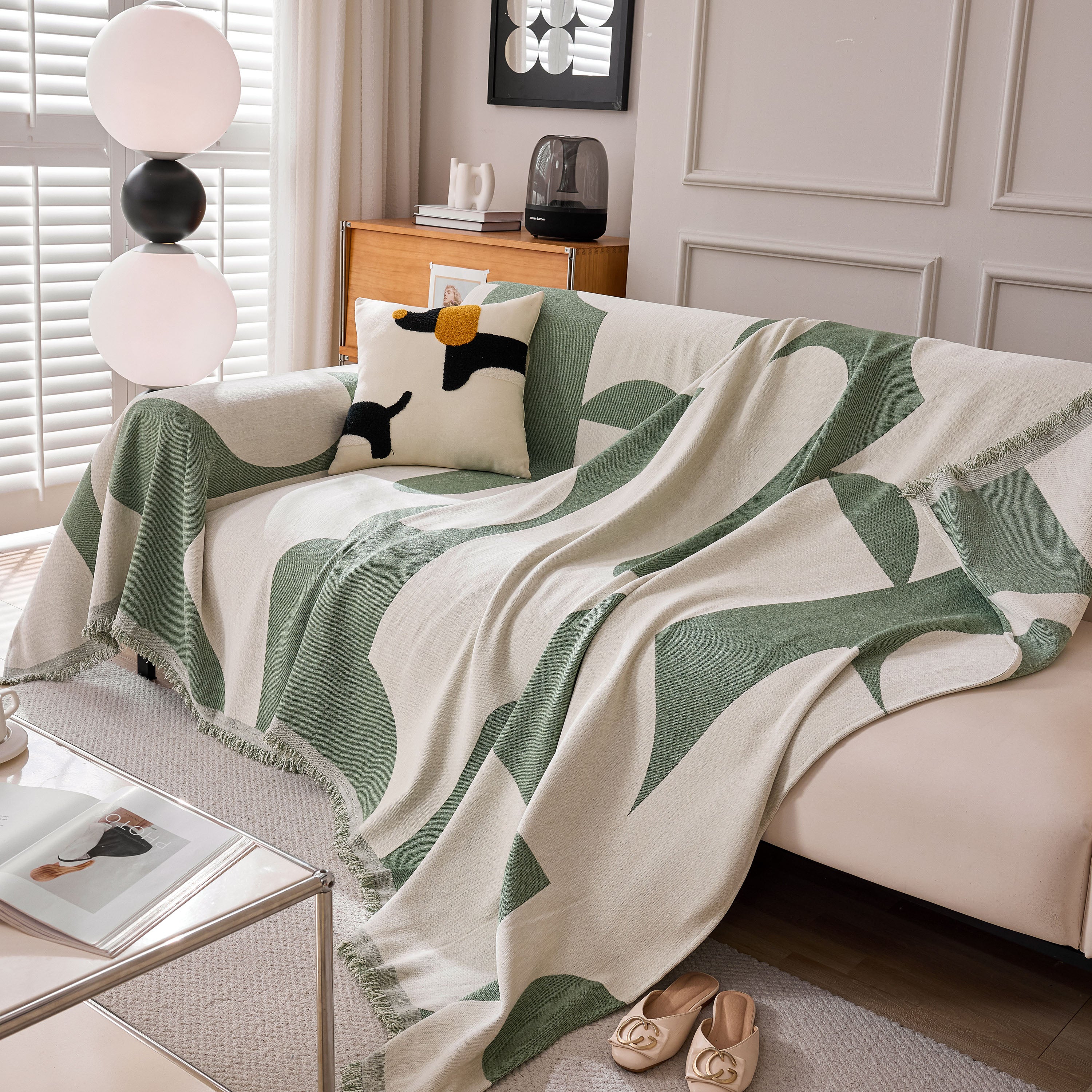 Modern Abstract Chenille Sofa Cover, Large Soft Throw Blanket With Tassels For Couch