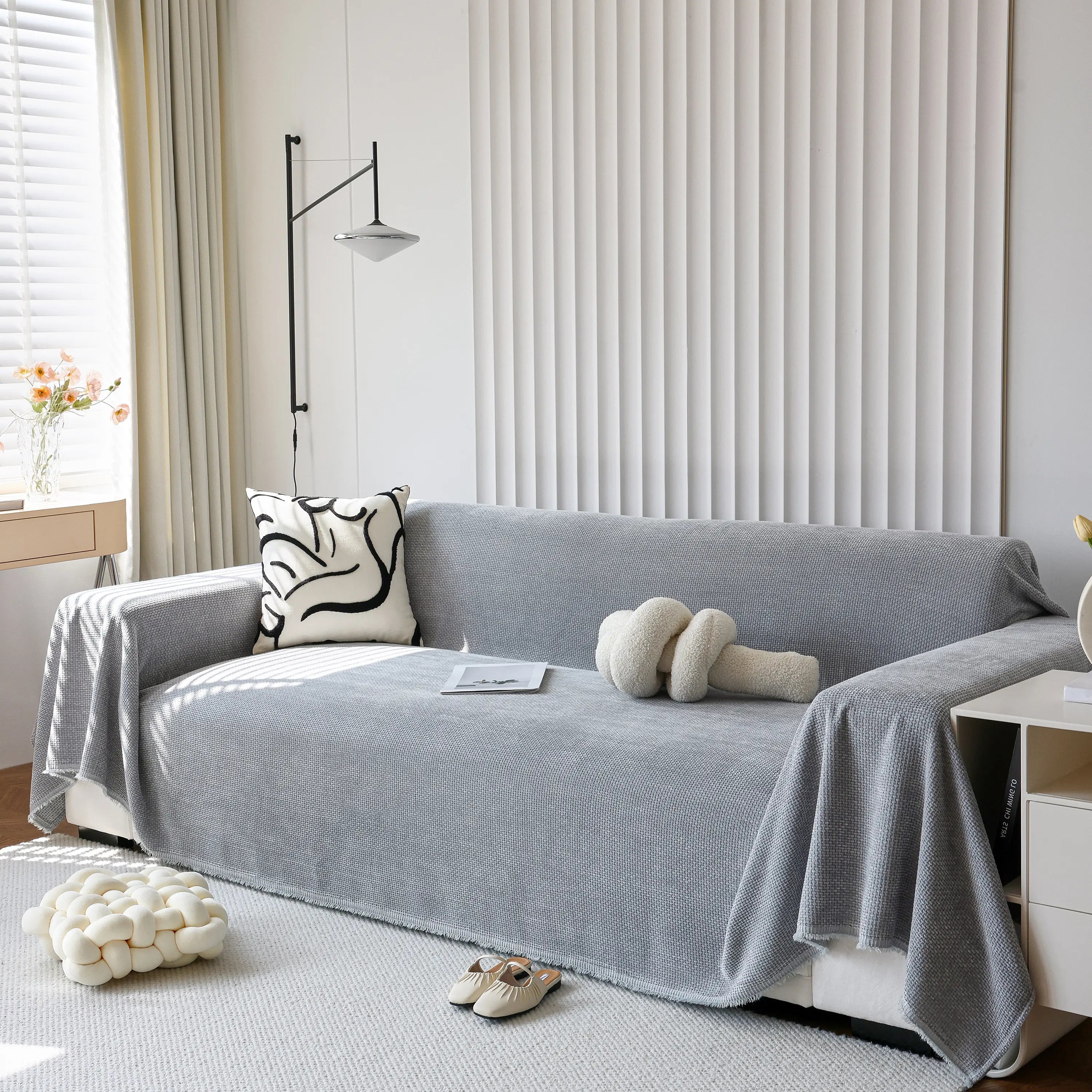 Chenille Thickened Solid Couch Blanket Throws, Reversible Couch Covers For Sectional Couches