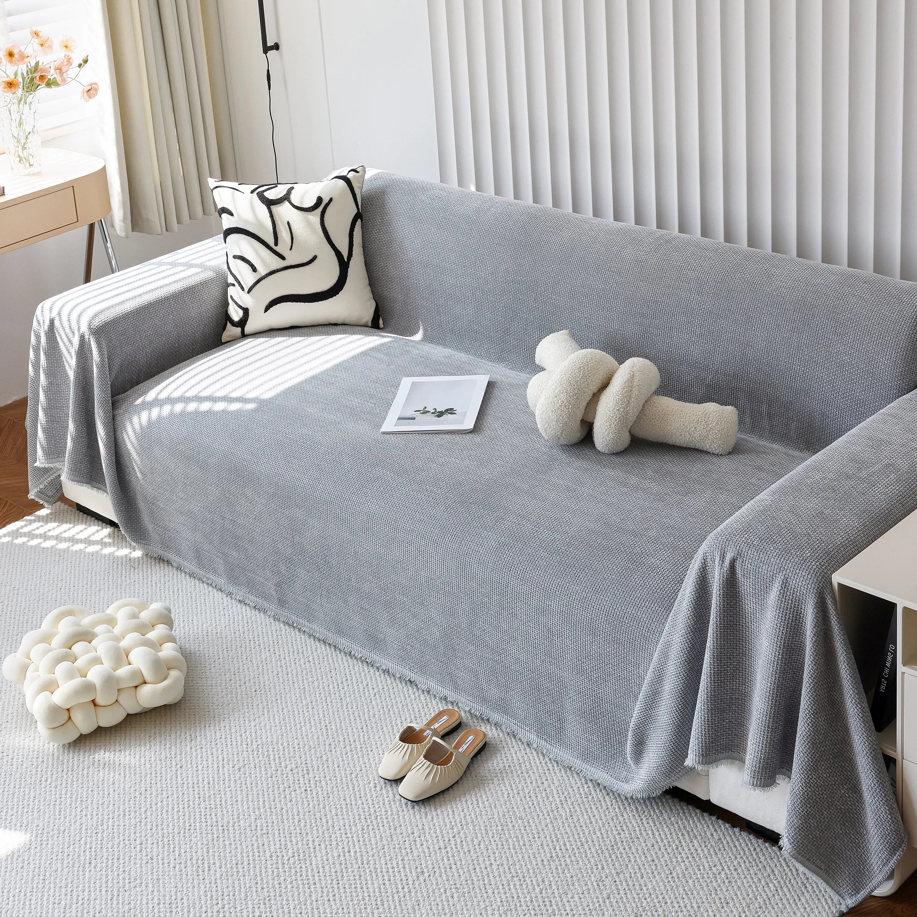 Chenille Thickened Solid Couch Blanket Throws, Reversible Couch Covers For Sectional Couches