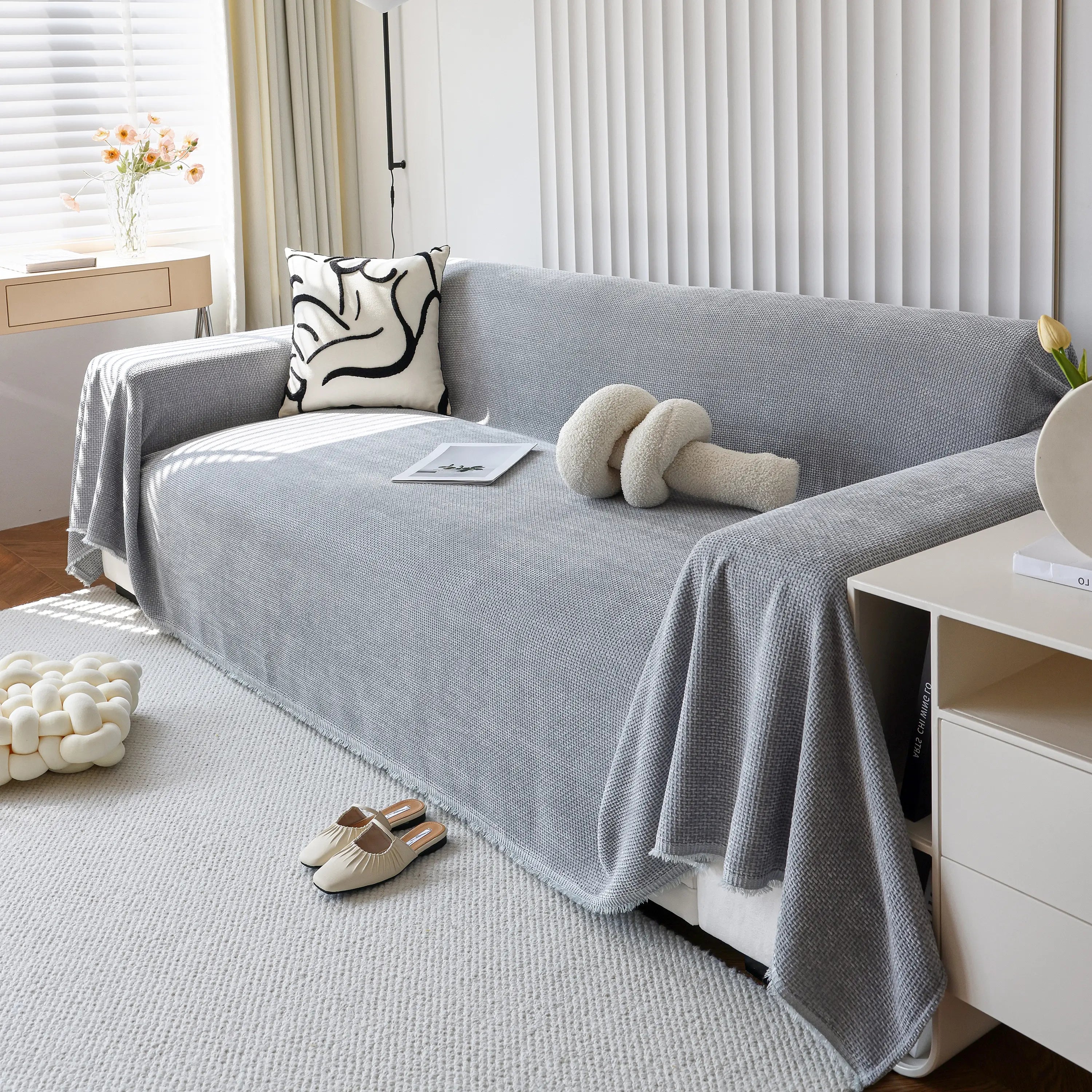 Chenille Thickened Solid Couch Blanket Throws, Reversible Couch Covers For Sectional Couches