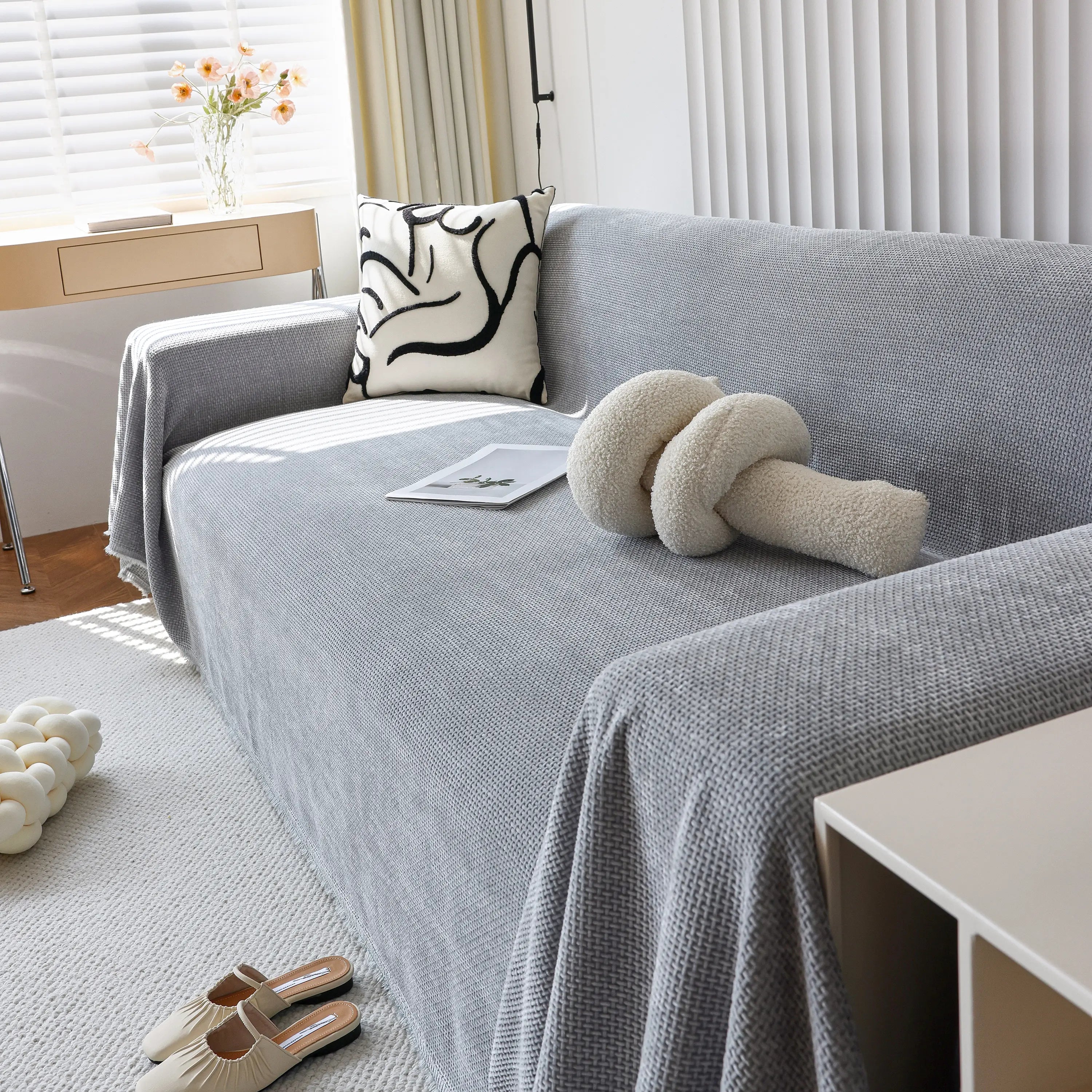 Chenille Thickened Solid Couch Blanket Throws, Reversible Couch Covers For Sectional Couches