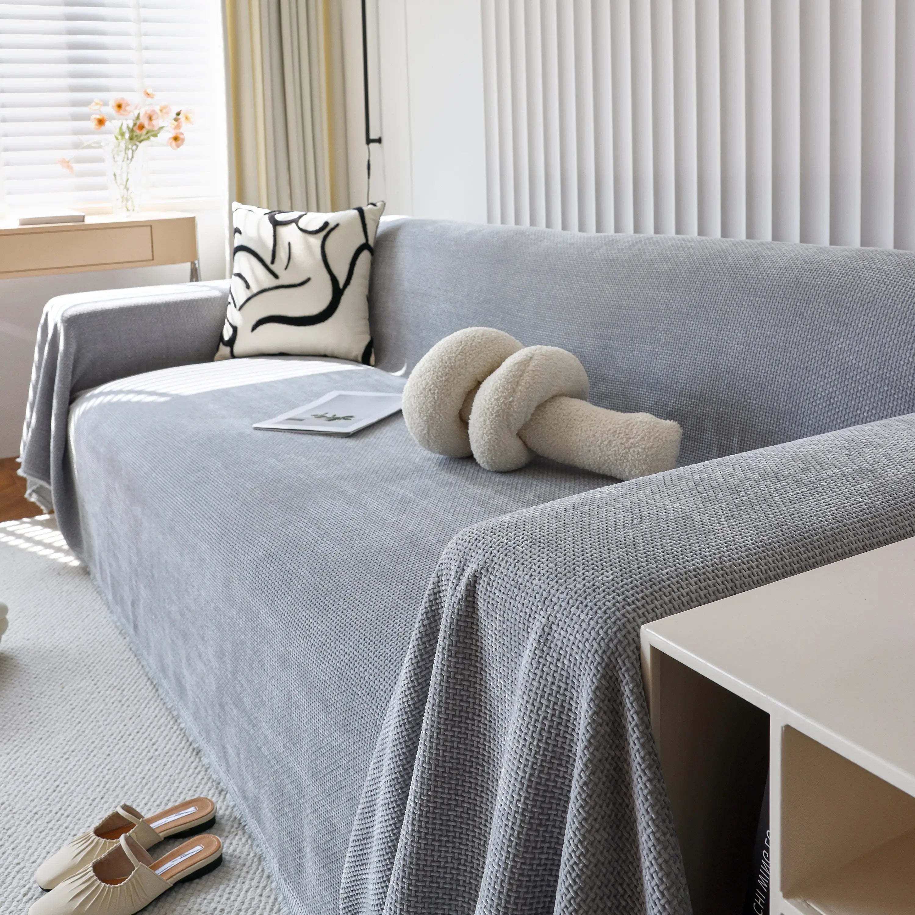 Chenille Thickened Solid Couch Blanket Throws, Reversible Couch Covers For Sectional Couches