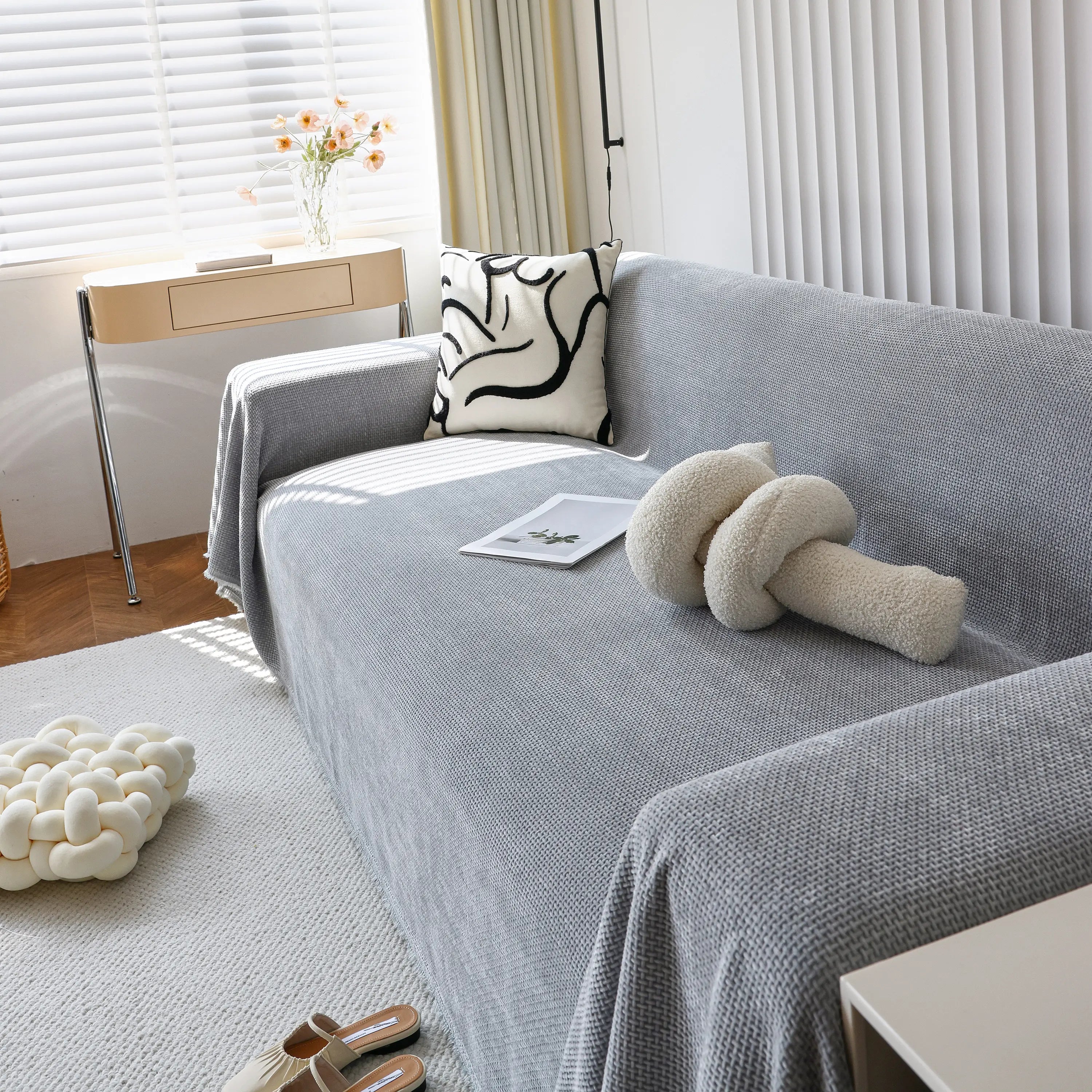 Chenille Thickened Solid Couch Blanket Throws, Reversible Couch Covers For Sectional Couches