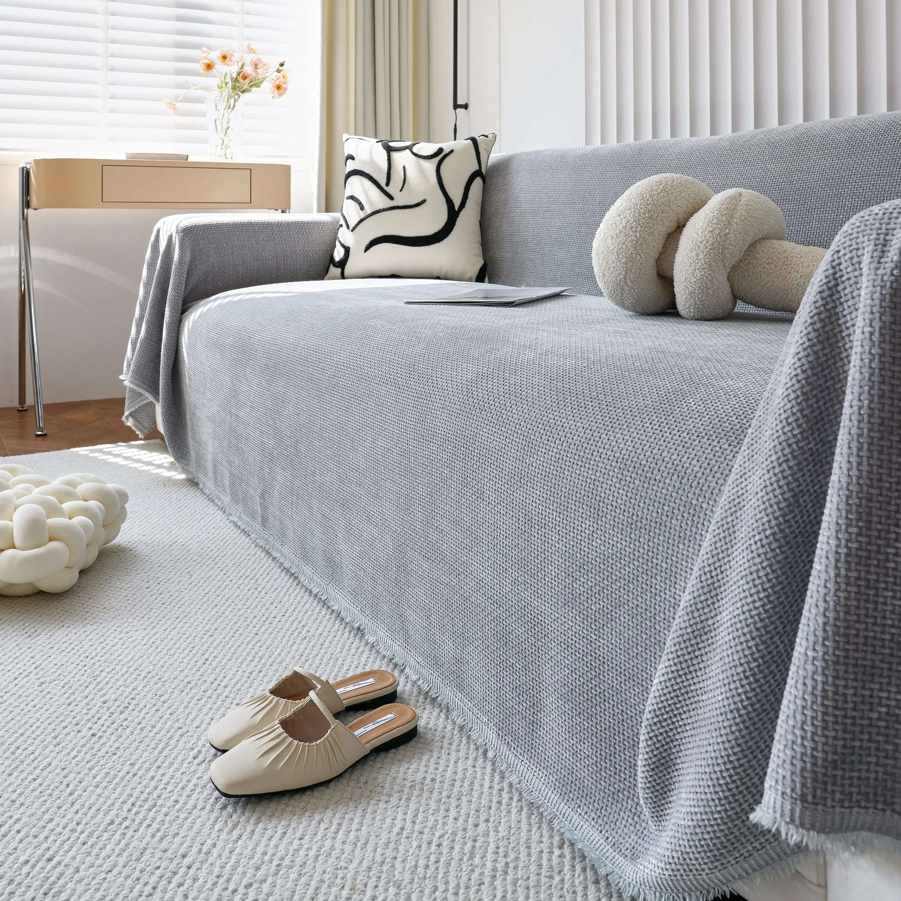 Chenille Thickened Solid Couch Blanket Throws, Reversible Couch Covers For Sectional Couches