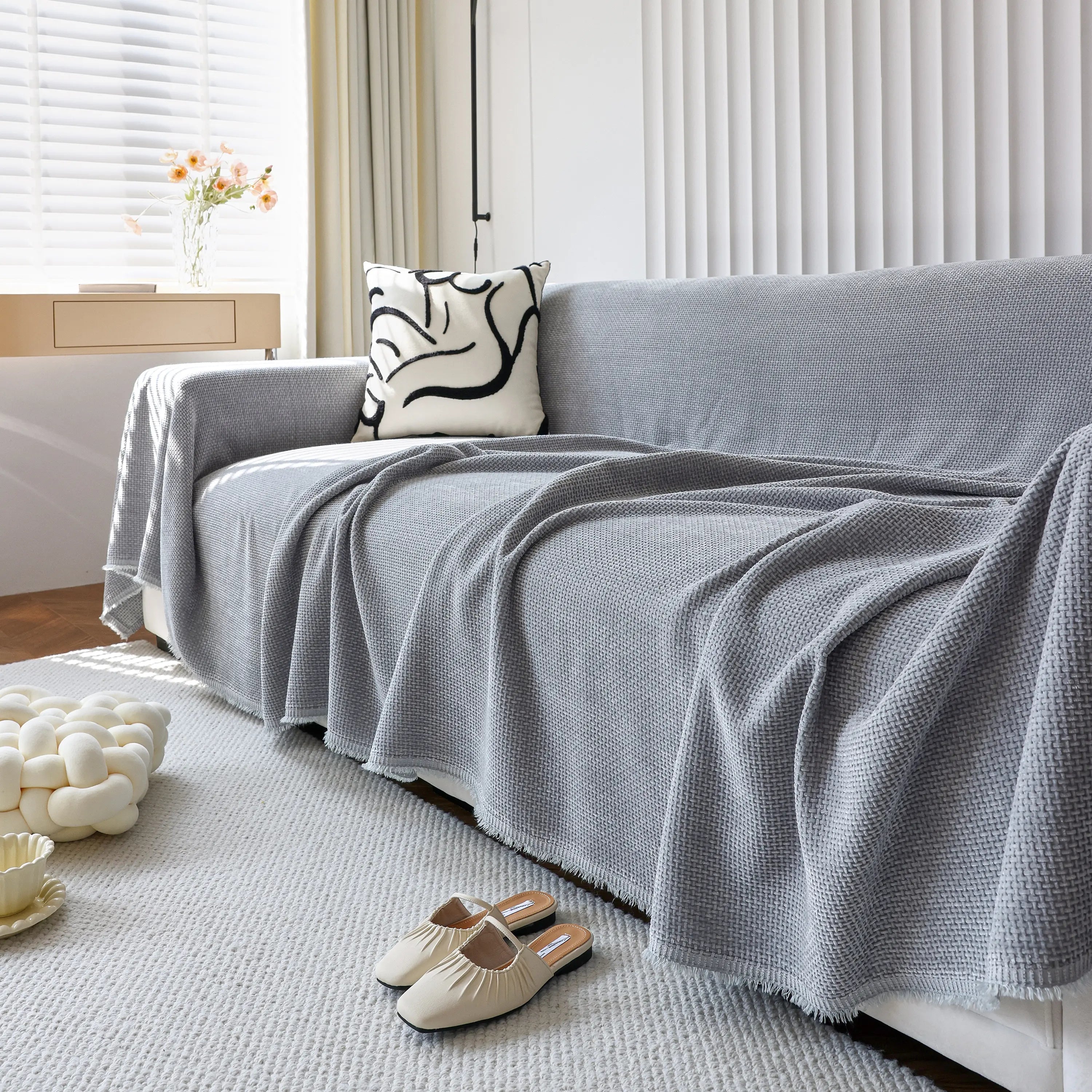 Chenille Thickened Solid Couch Blanket Throws, Reversible Couch Covers For Sectional Couches