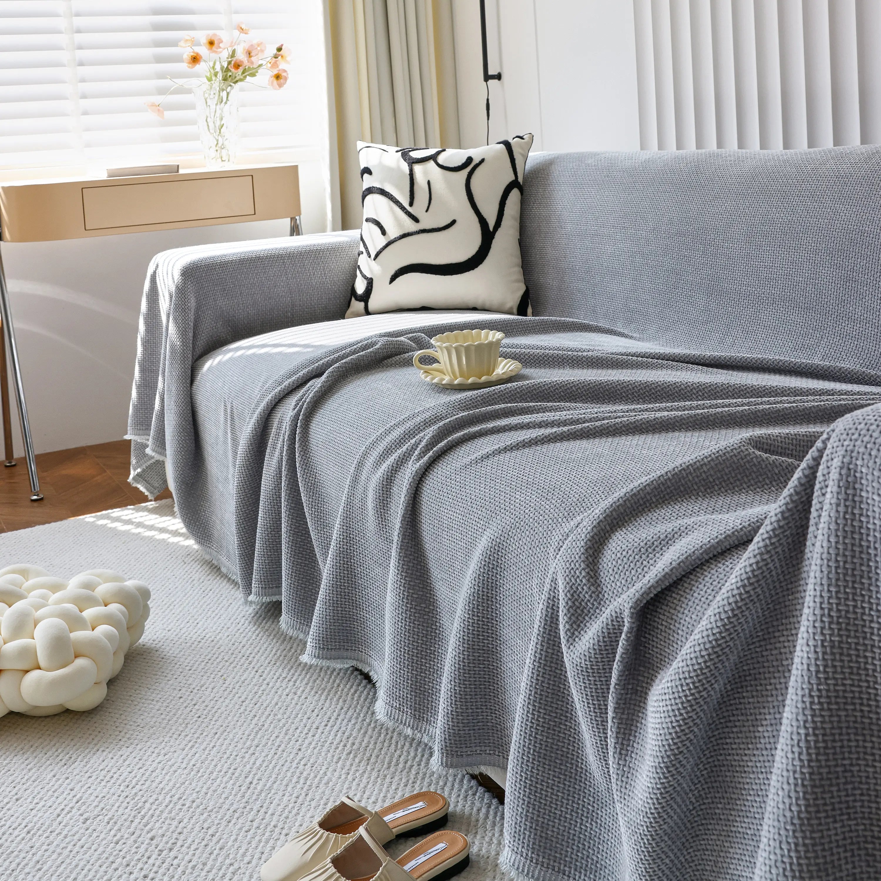 Chenille Thickened Solid Couch Blanket Throws, Reversible Couch Covers For Sectional Couches