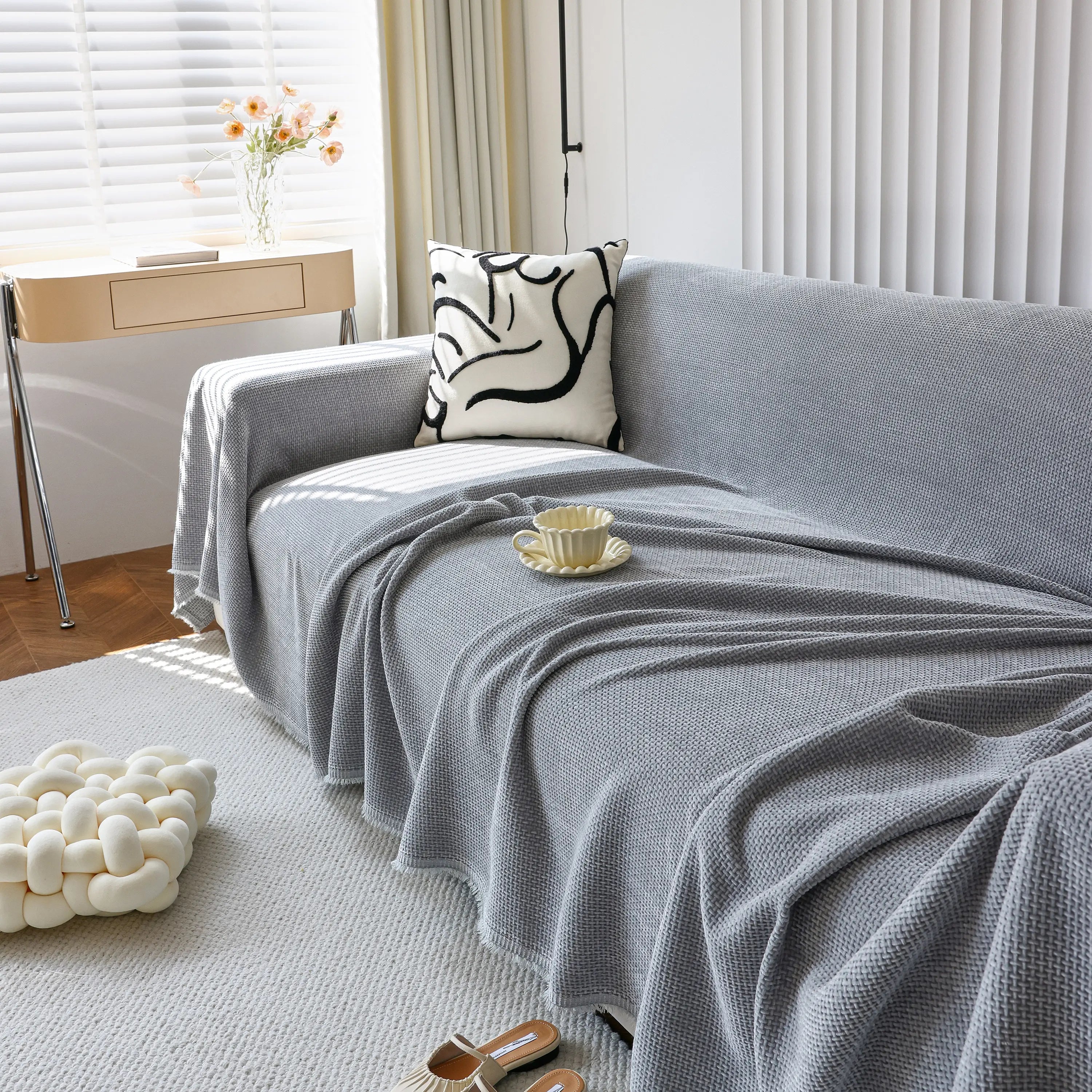 Chenille Thickened Solid Couch Blanket Throws, Reversible Couch Covers For Sectional Couches