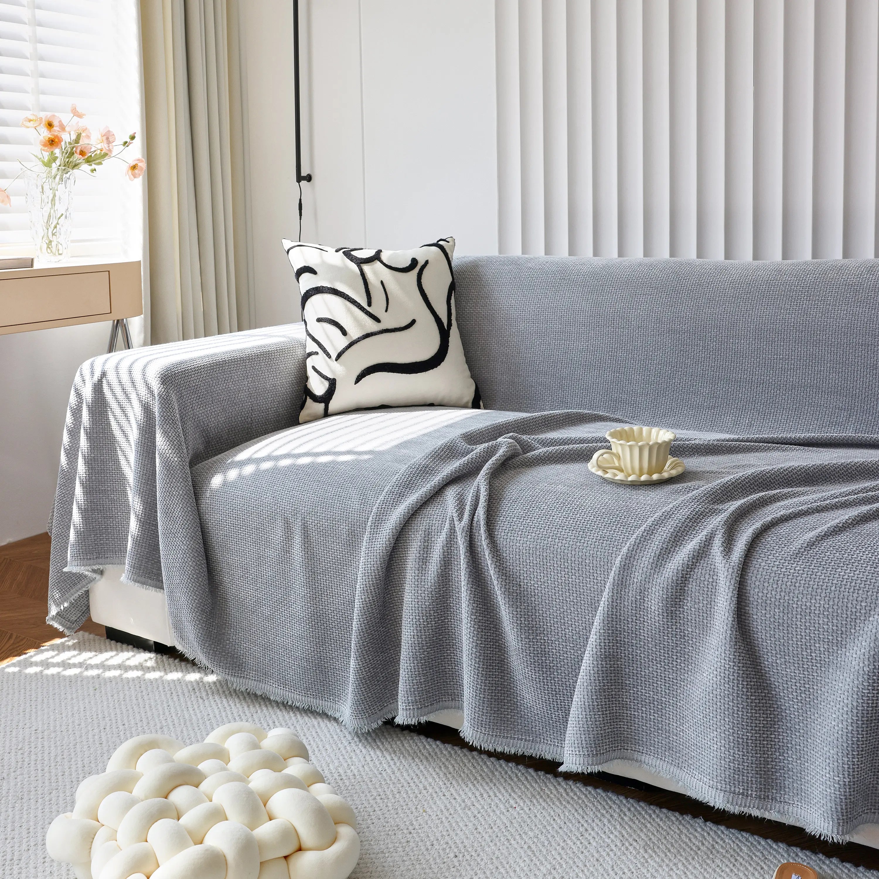 Chenille Thickened Solid Couch Blanket Throws, Reversible Couch Covers For Sectional Couches