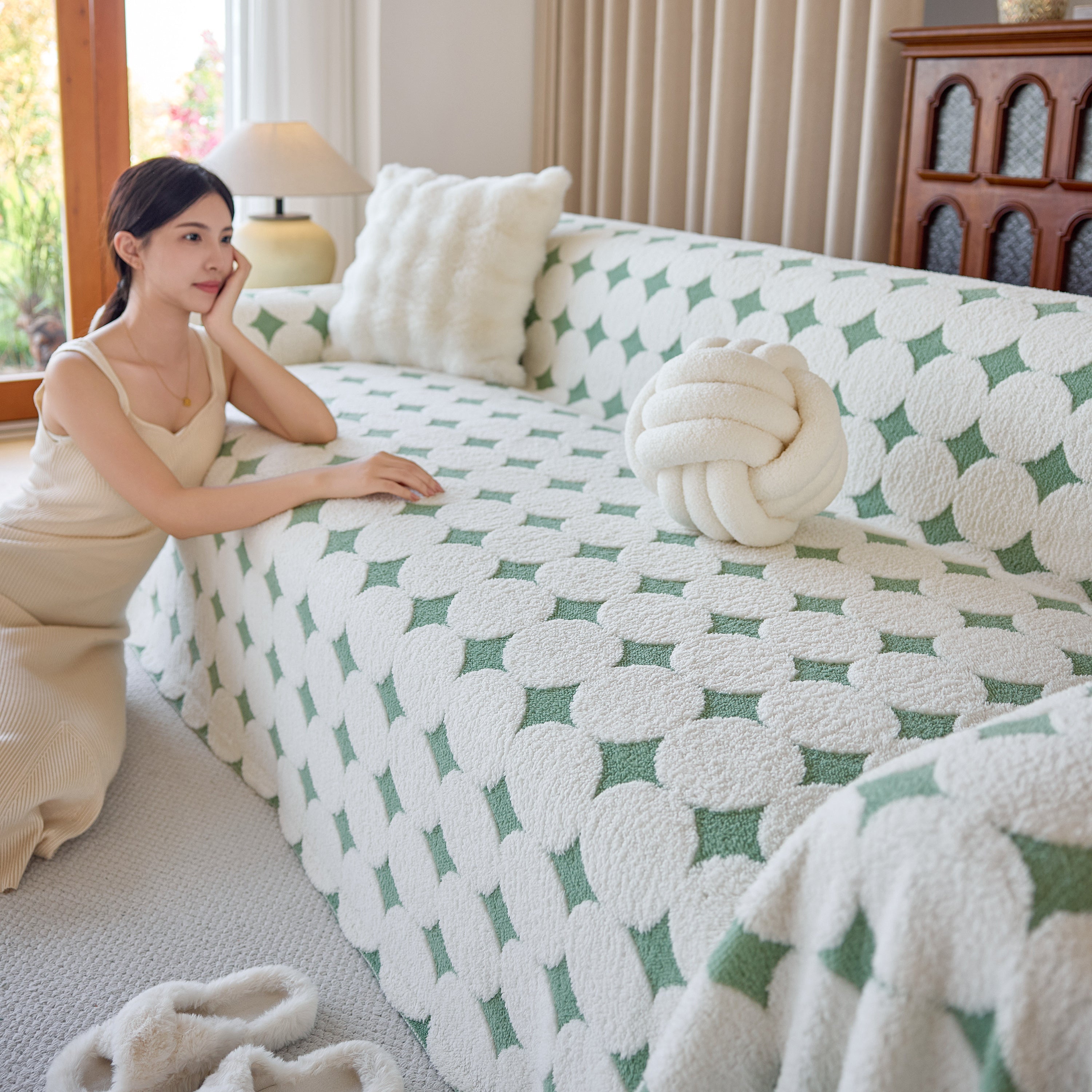 Geometric Jacquard Plush Warm Sofa Couch Cover Coral Fleece Throw Blanket For Couch