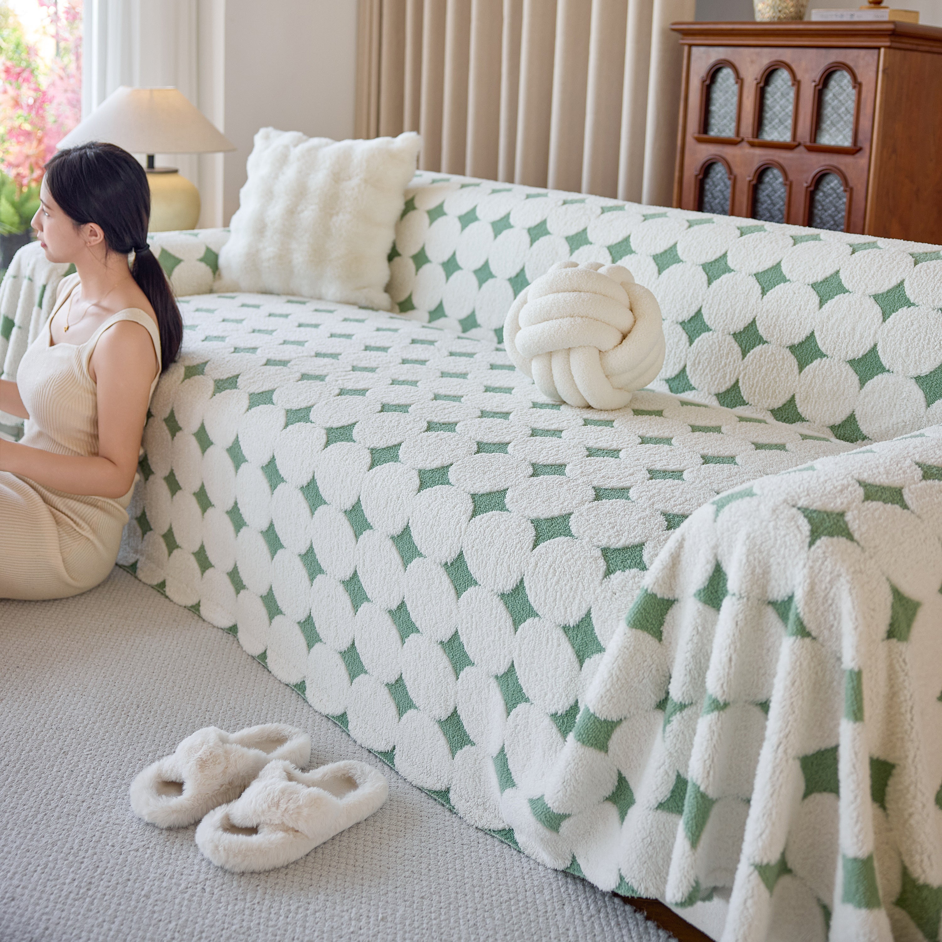 Geometric Jacquard Plush Warm Sofa Couch Cover Coral Fleece Throw Blanket For Couch