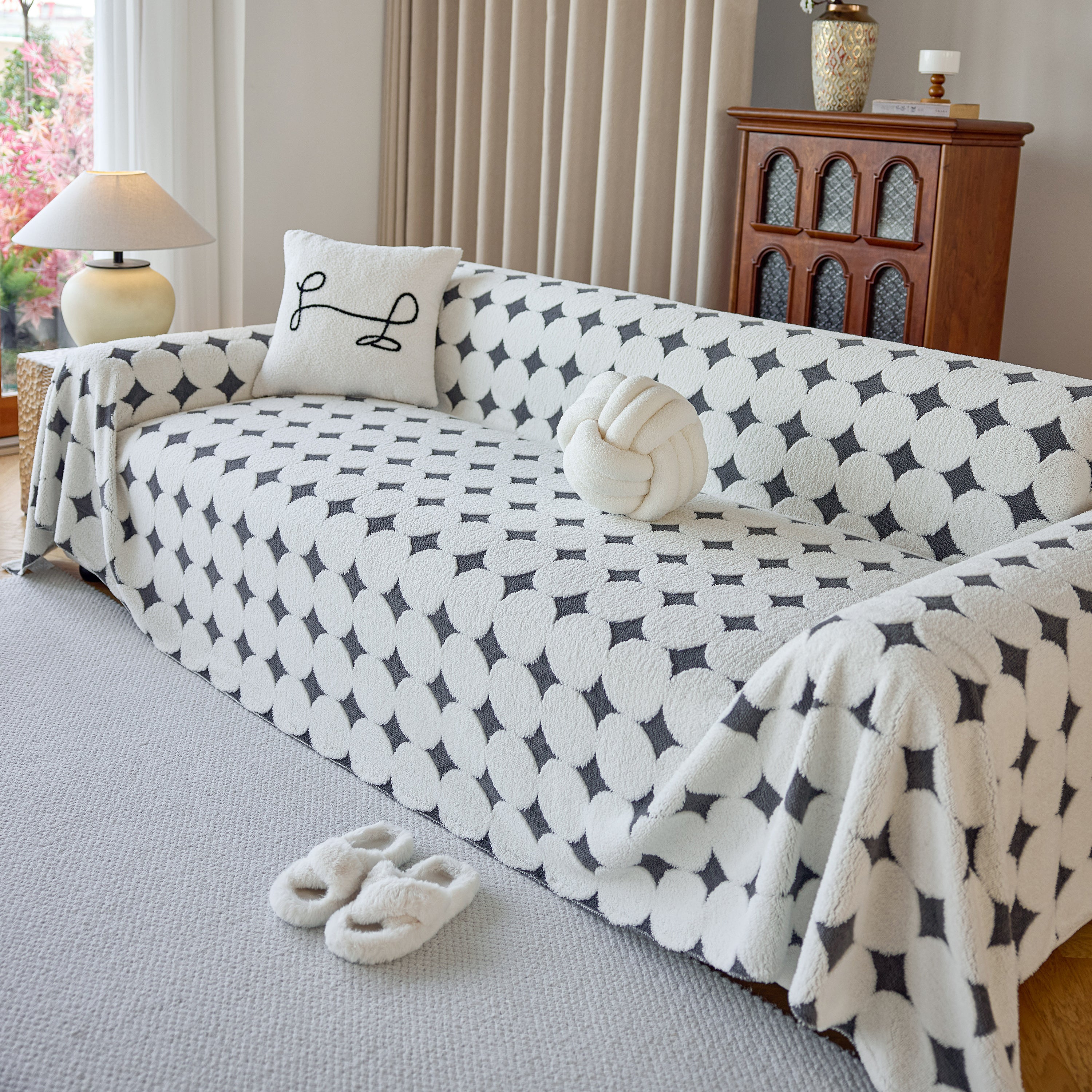 Geometric Jacquard Plush Warm Sofa Couch Cover Coral Fleece Throw Blanket For Couch