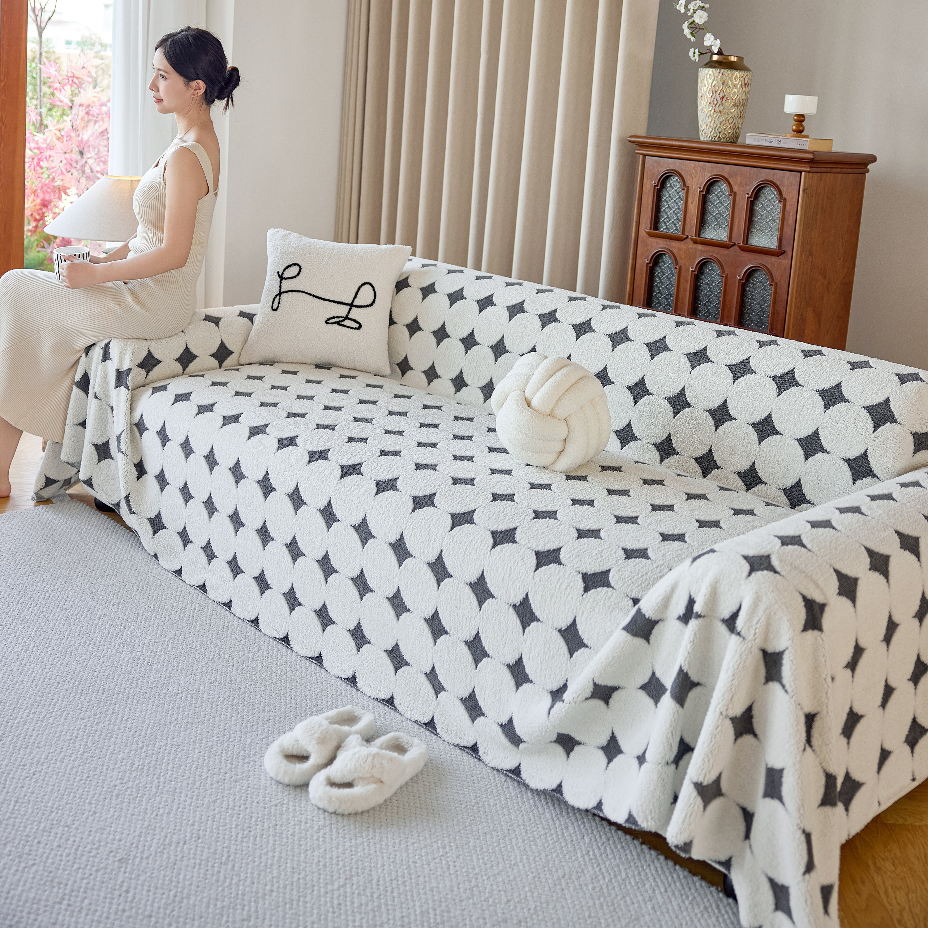 Geometric Jacquard Plush Warm Sofa Couch Cover Coral Fleece Throw Blanket For Couch